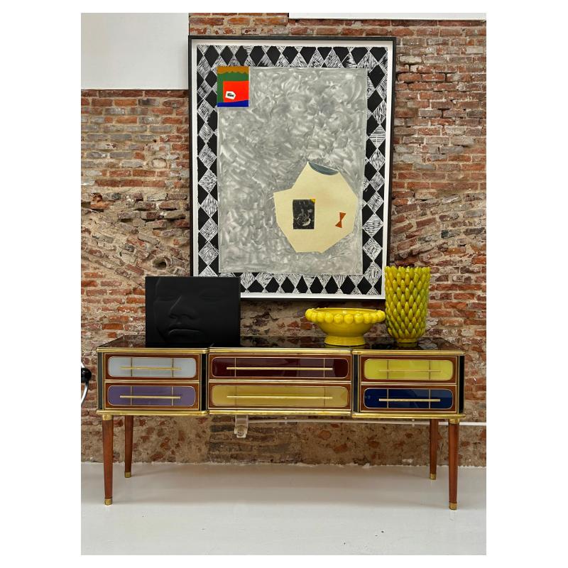 Metà XX secolo Credenza Italain Made Solid Wood e rivestita di vetro colorato 1950S in vendita