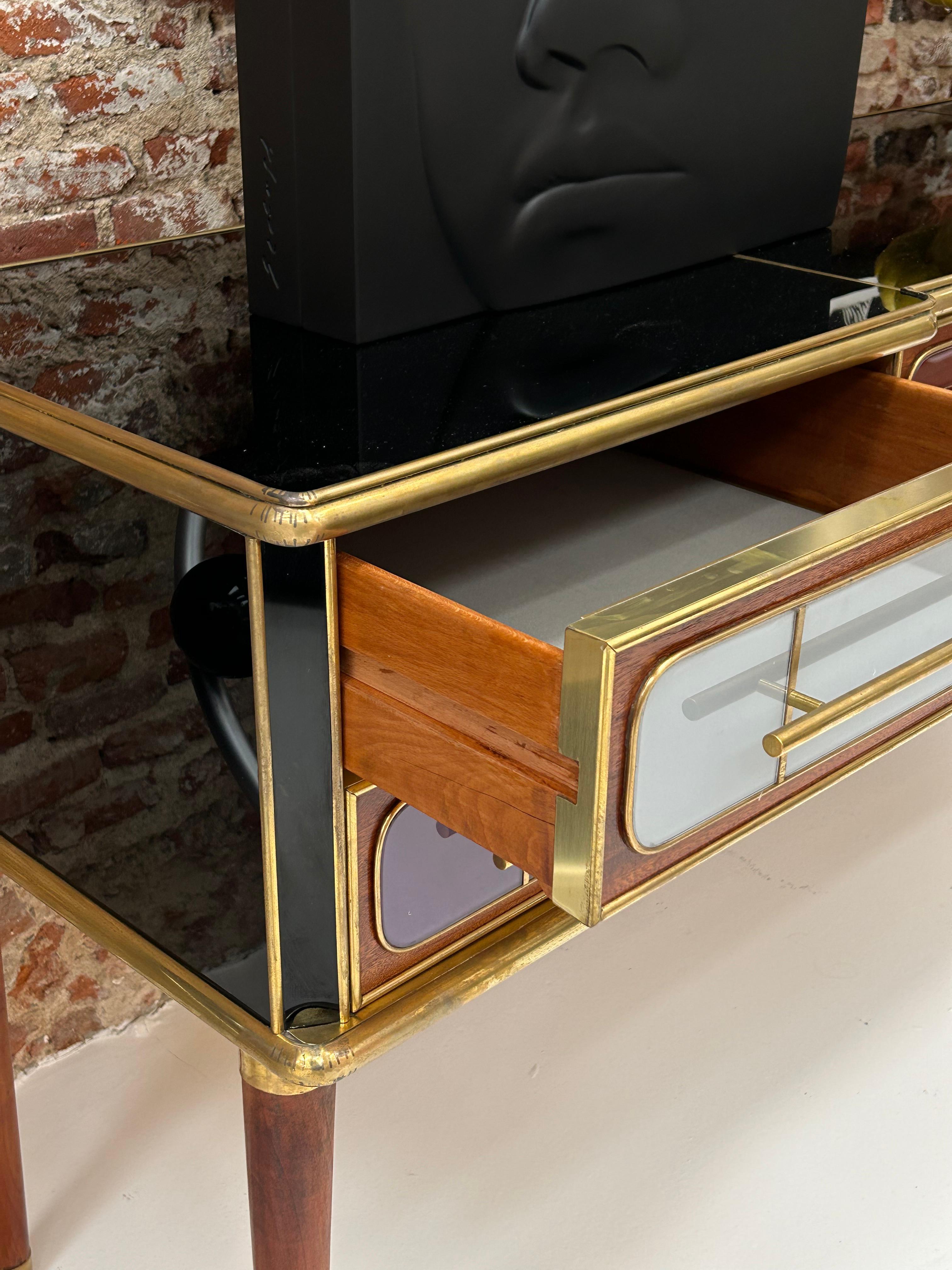 Brass Italain Sideboard Made Of Solid Wood And Covered With Colored Glass 1950S For Sale