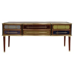 Italain Sideboard Made Of Solid Wood And Covered With Colored Glass 1950S