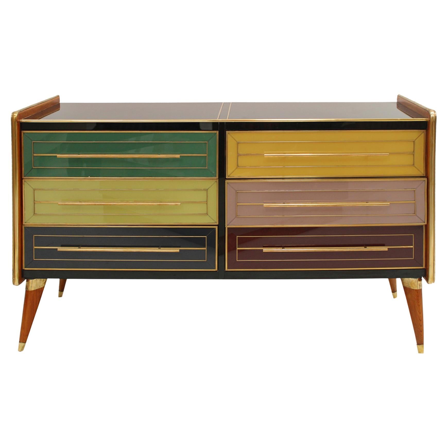 Credenza Italain Made Solid Wood e rivestita di vetro colorato 1950S