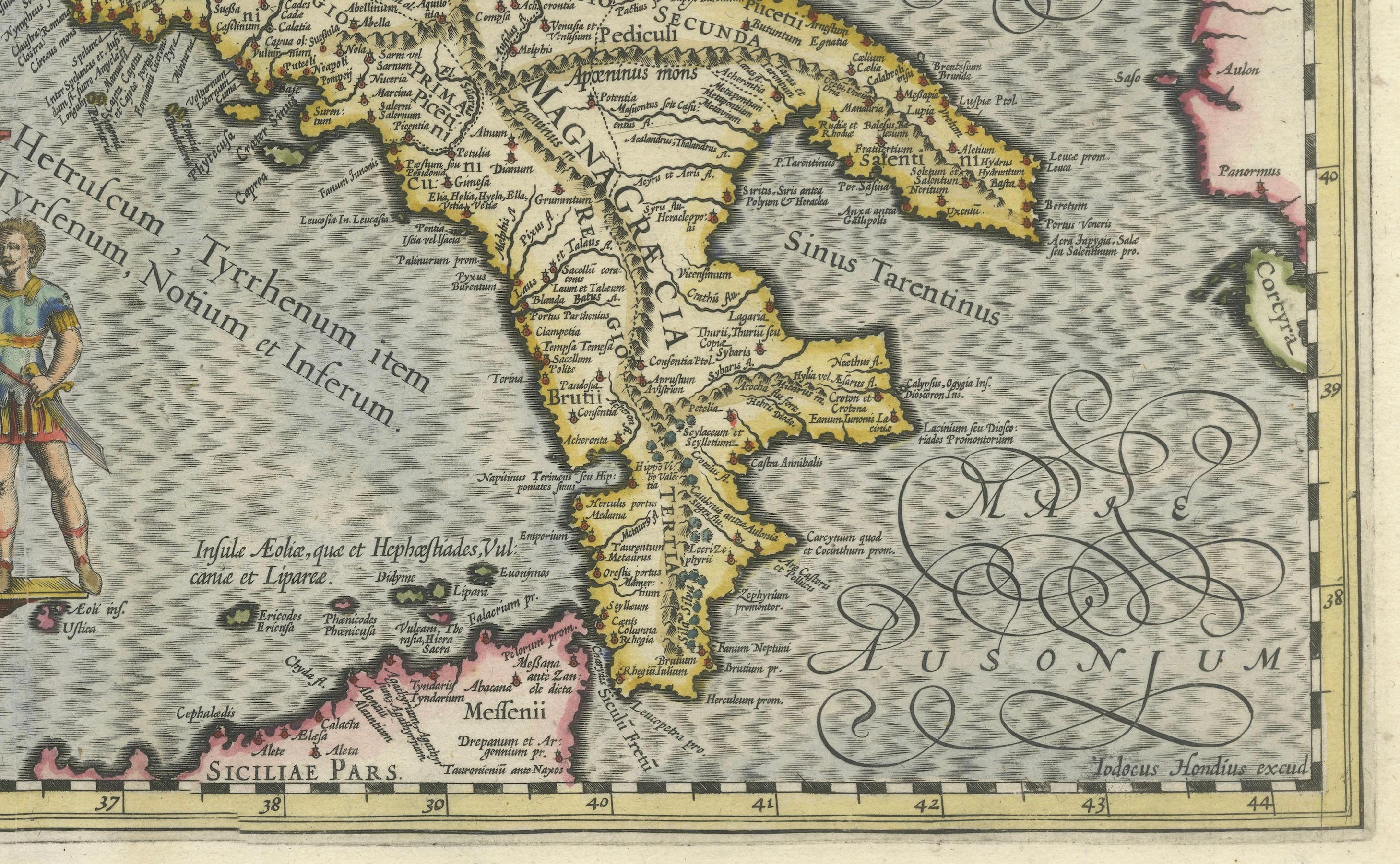 Engraved Italia Antiqua Philippo Cluvero – 1603 Hondius Map of Ancient Italy, Handcolored For Sale