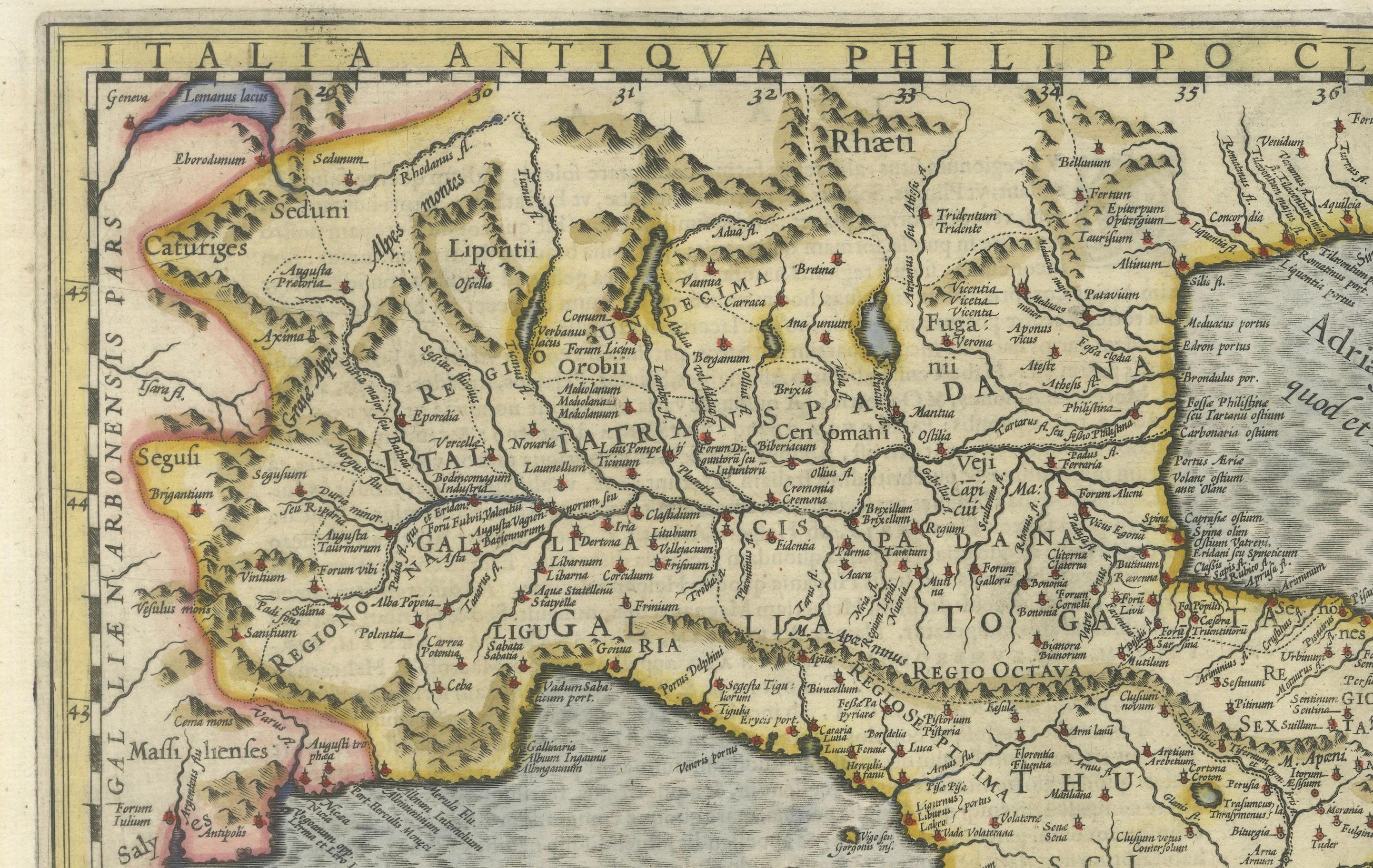 Early 17th Century Italia Antiqua Philippo Cluvero – 1603 Hondius Map of Ancient Italy, Handcolored For Sale