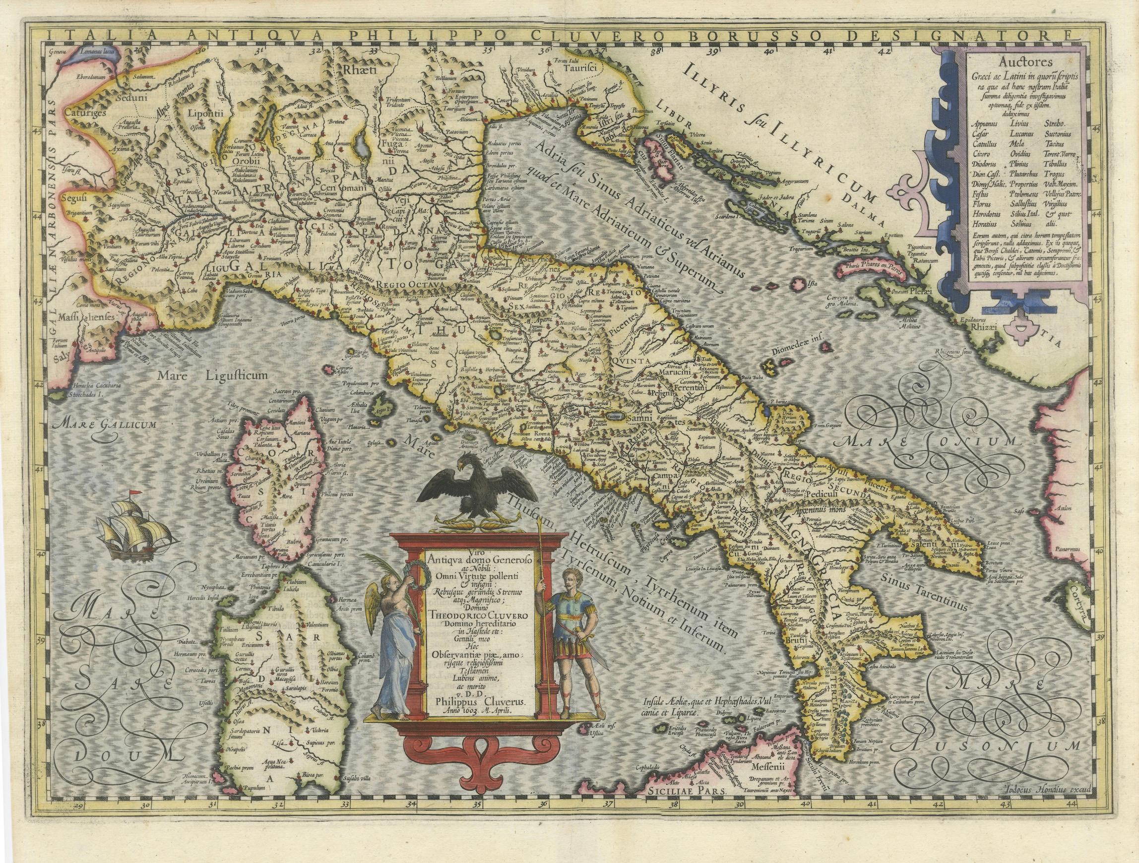 Italia Antiqua Philippo Cluvero – 1603 Hondius Map of Ancient Italy, Handcolored For Sale 1