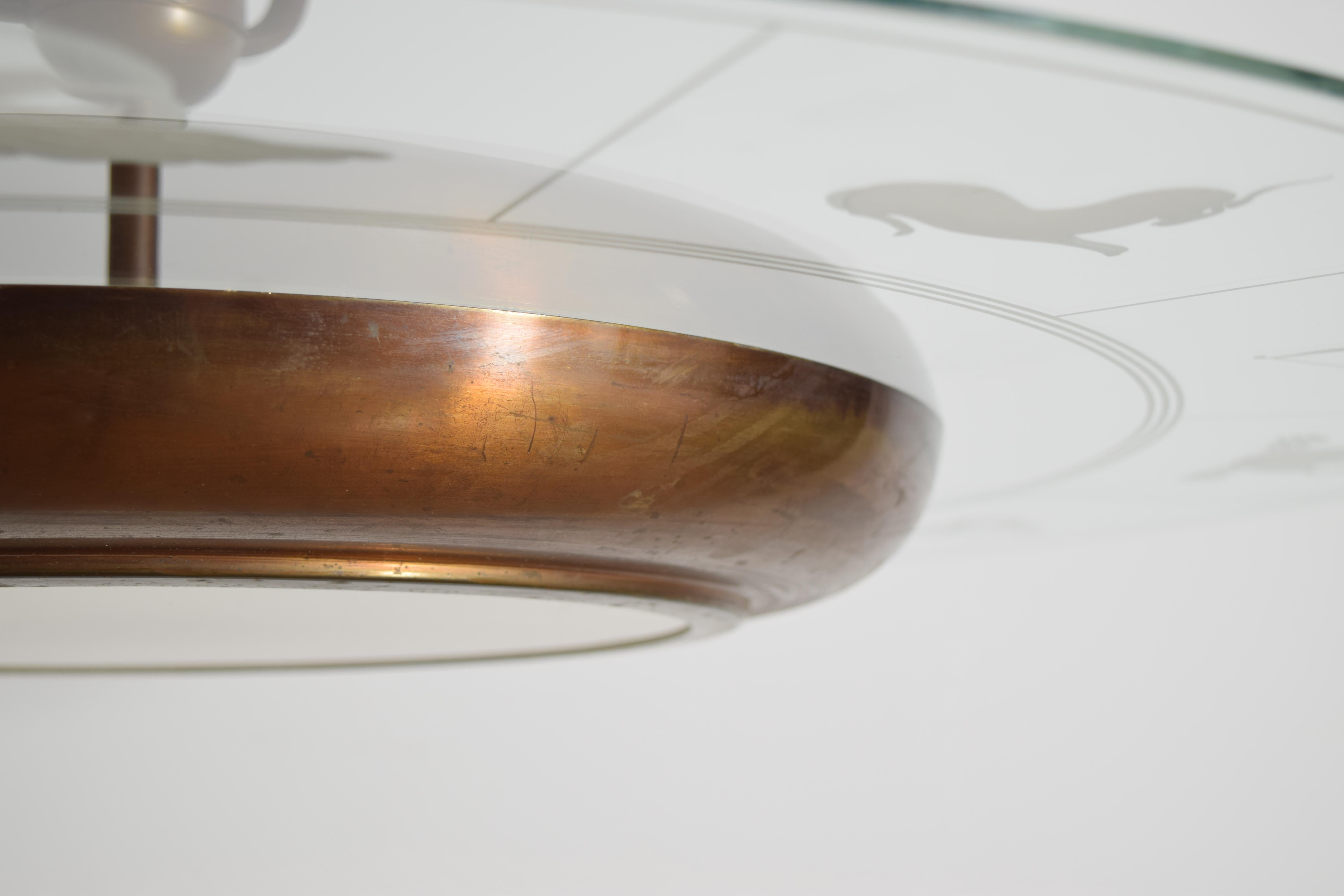 Lampadario a 6 luci Zodiac Ring in ottone e vetro Art Deco, 1930 ca. in vendita 3