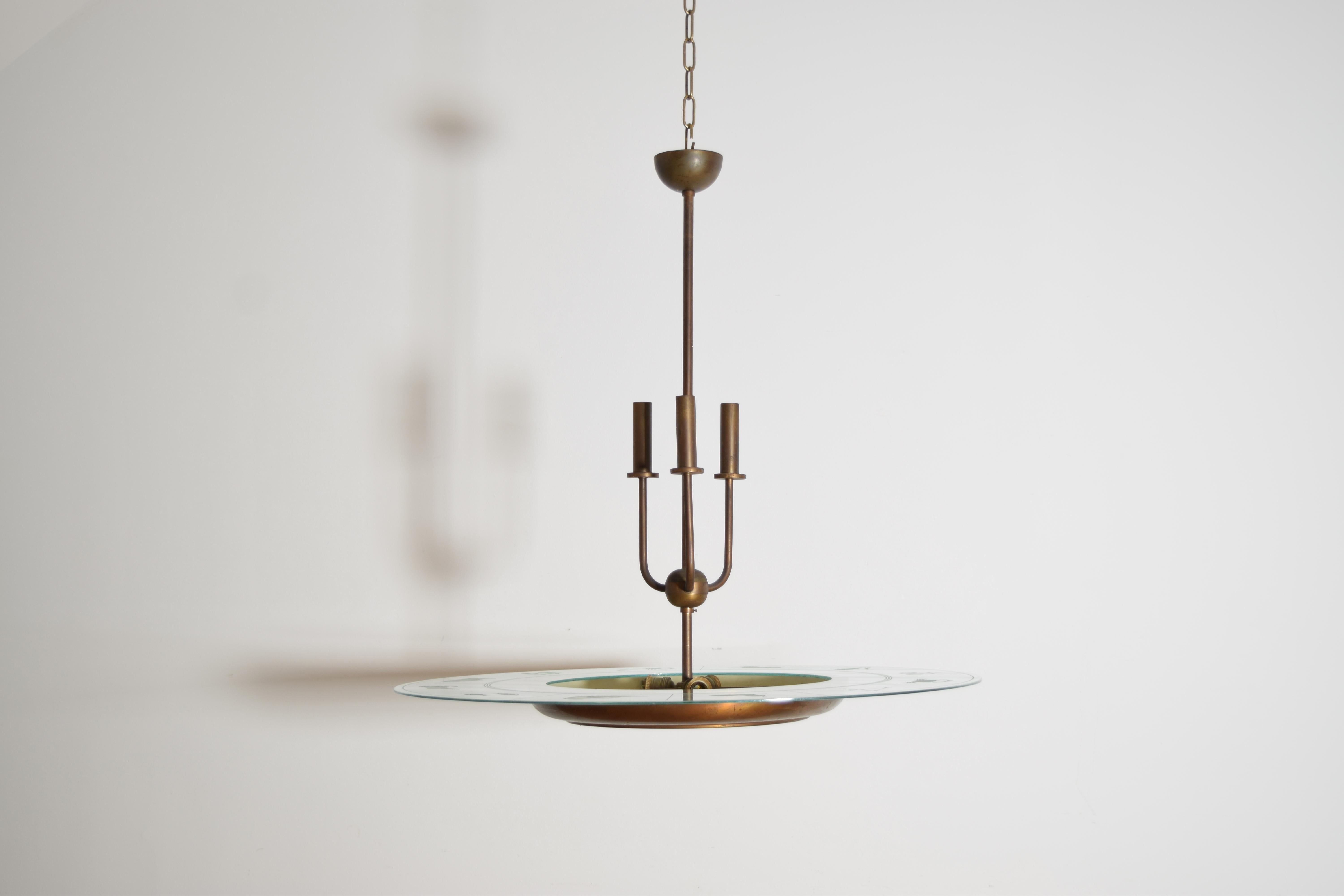 Art Déco Lampadario a 6 luci Zodiac Ring in ottone e vetro Art Deco, 1930 ca. in vendita