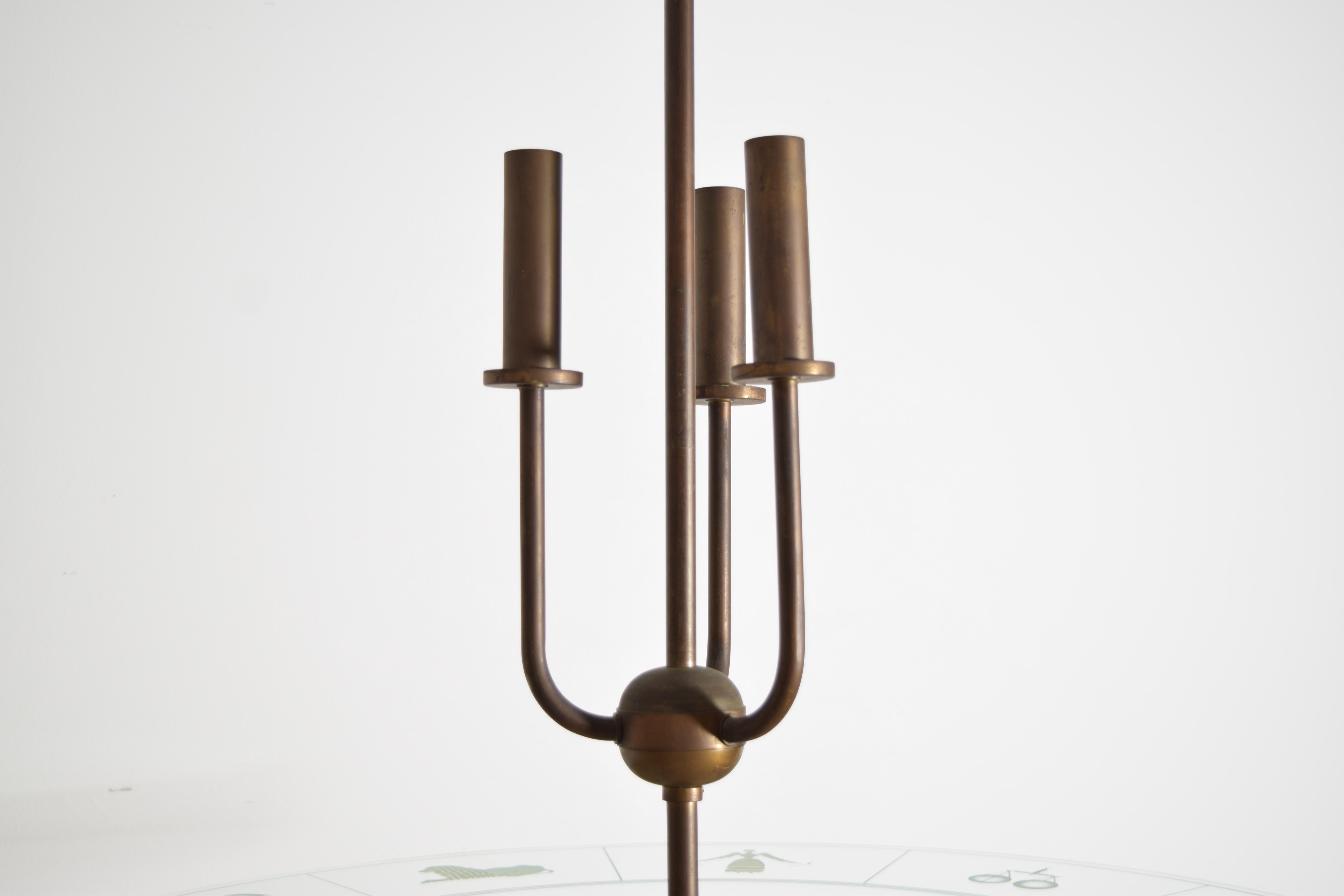 Metà XX secolo Lampadario a 6 luci Zodiac Ring in ottone e vetro Art Deco, 1930 ca. in vendita