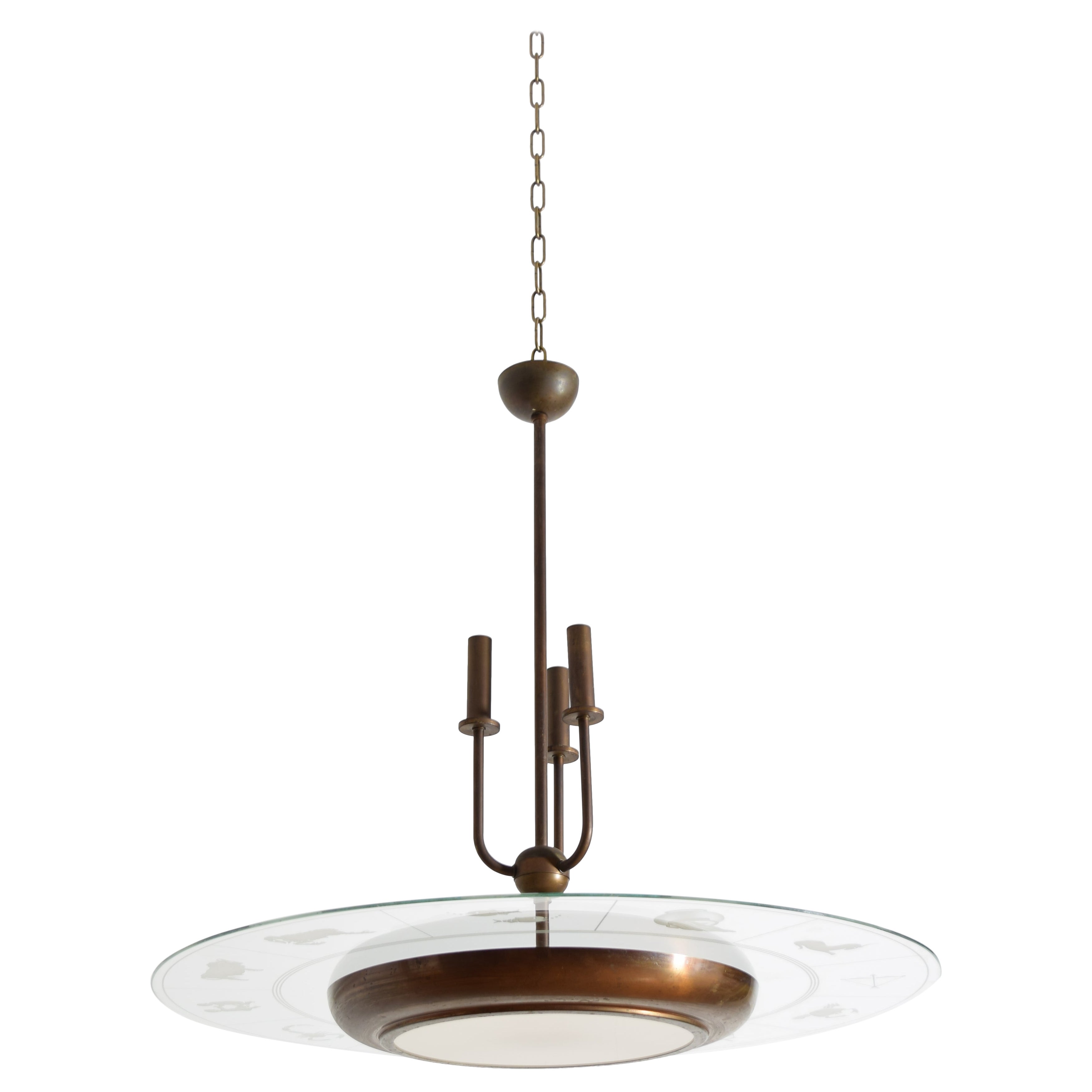 Lampadario a 6 luci Zodiac Ring in ottone e vetro Art Deco, 1930 ca. in vendita