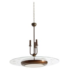Lampadario a 6 luci Zodiac Ring in ottone e vetro Art Deco, 1930 ca.