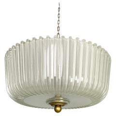 Lampadario o lampada da soffitto in vetro scanalato e metallo dorato, Italia art déco, anni '40