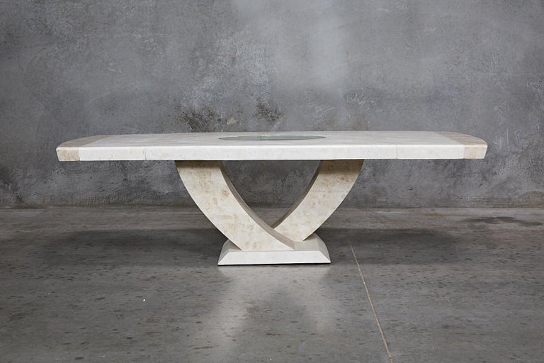 "Italia" Extendable Dining Table, White and Beige Fossil Stone with