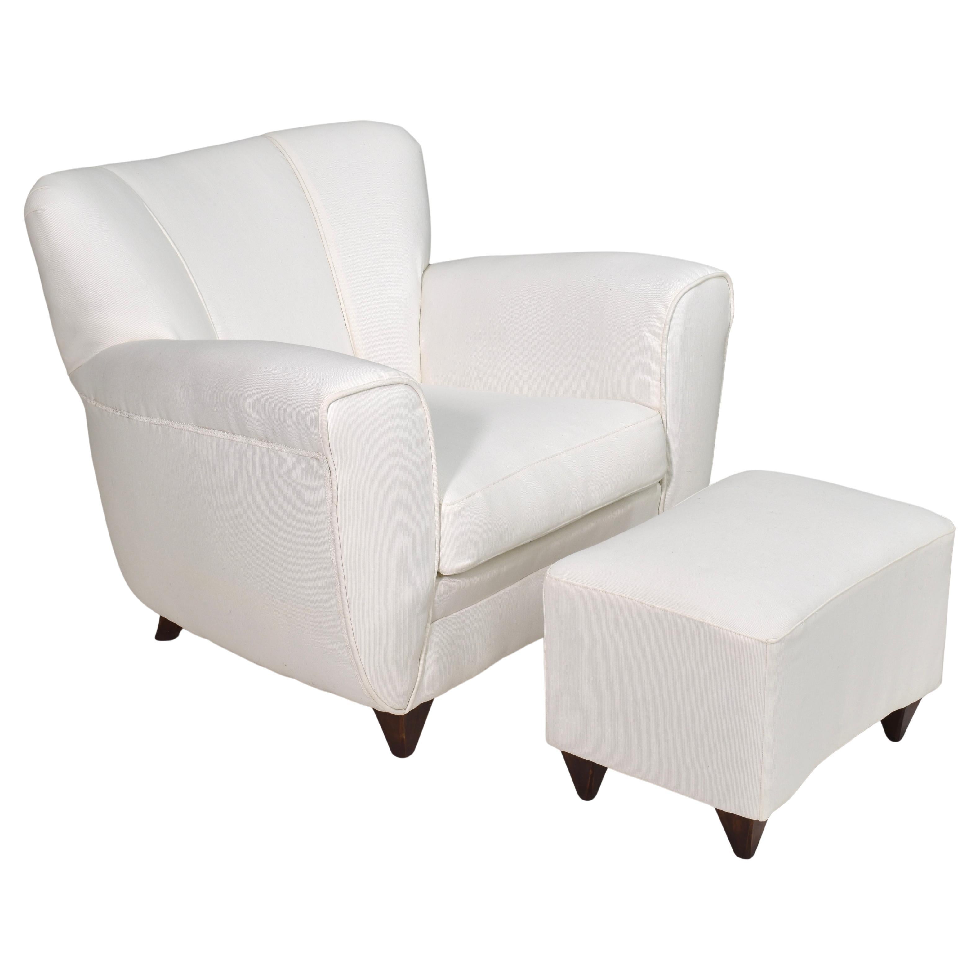 Fauteuil Lounge Italia avec pouf en tissu blanc crème - Italie, circa 1940s