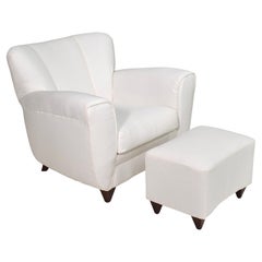 Fauteuil Lounge Italia avec pouf en tissu blanc crème - Italie, circa 1940s