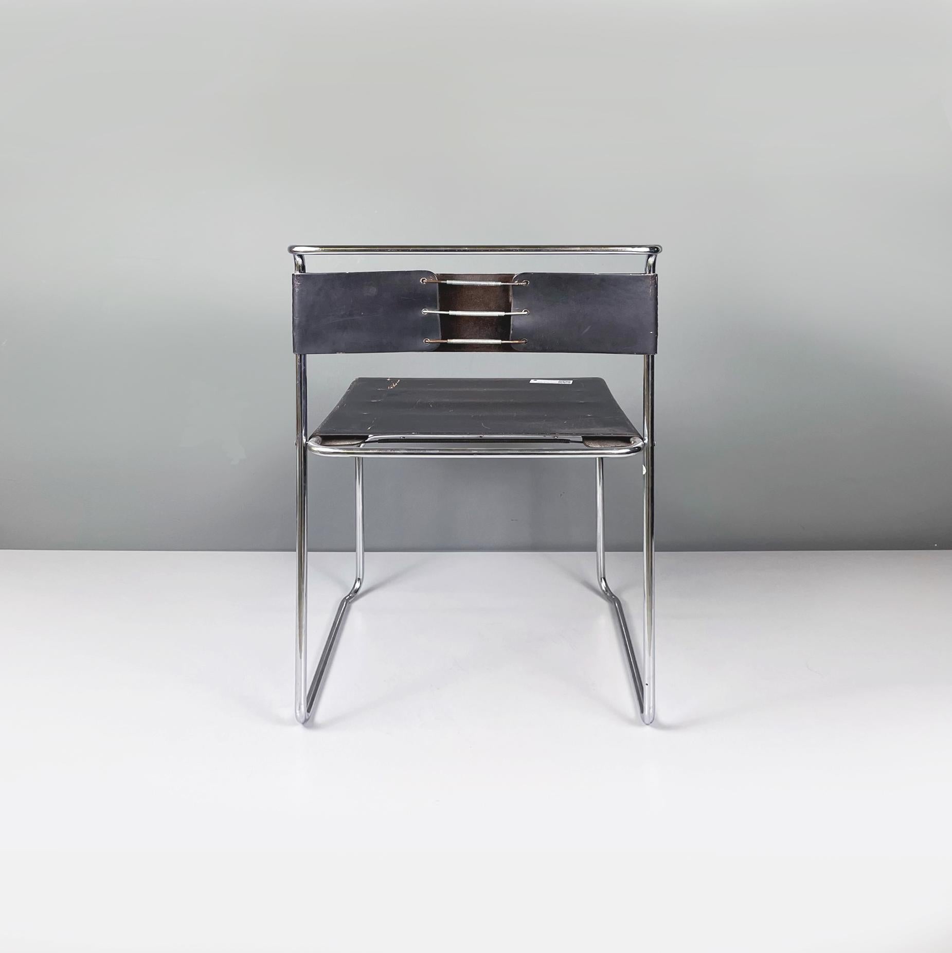Italian Italia Modern Black Leather Steel Chair Libellula by Carini for Planula, 1970s For Sale