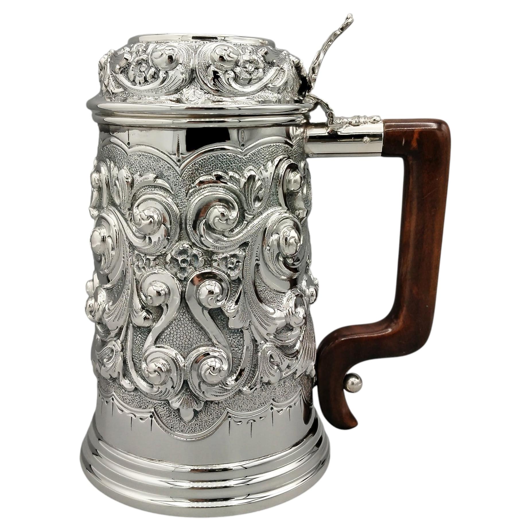 Italy Sterling Silver Baroque-Style Tankard with Wooden Handle
