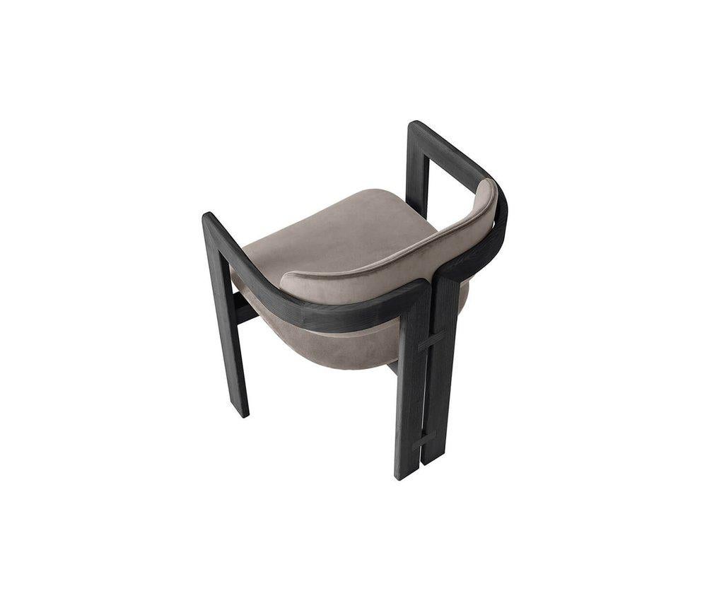 0414 armchair designed by Studio G&R. 

Armchair with black lacquered open pore (Mod.Layer) ash structure. Seat and backrest covered with light grey fabric.

Sold as a set of 6.
This product is currently on showroom display.

Size:
22½
