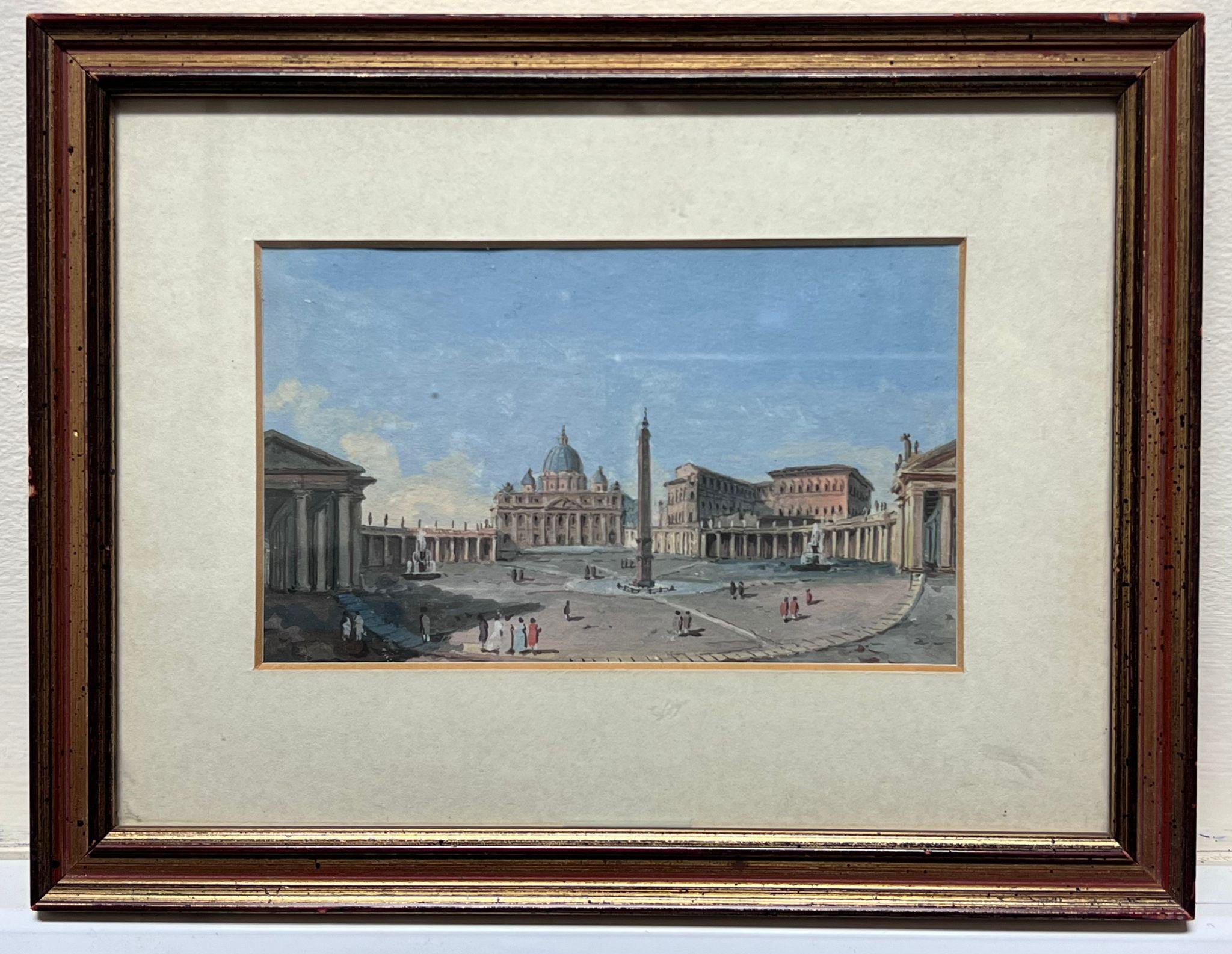 Piazza San Pietro vista del Vaticano inizio XIX secolo Grand Tour Gouache su carta - Painting di Italian