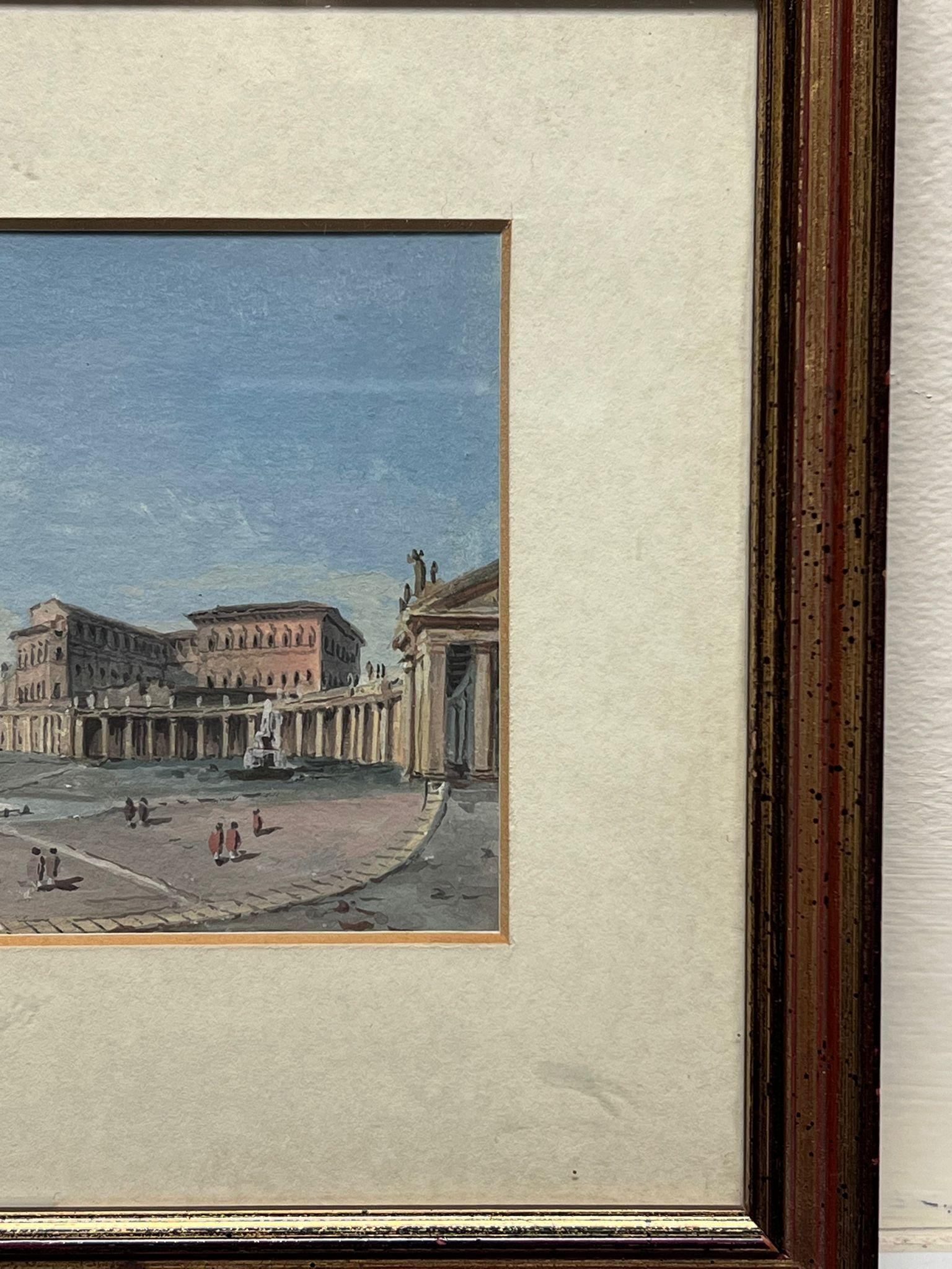 Questo affascinante dipinto a guazzo su carta, risalente all'inizio del XIX secolo, offre una vista splendidamente dettagliata di Piazza San Pietro nella Città del Vaticano, rendendolo un probabile cimelio del periodo del Grand Tour. In questo