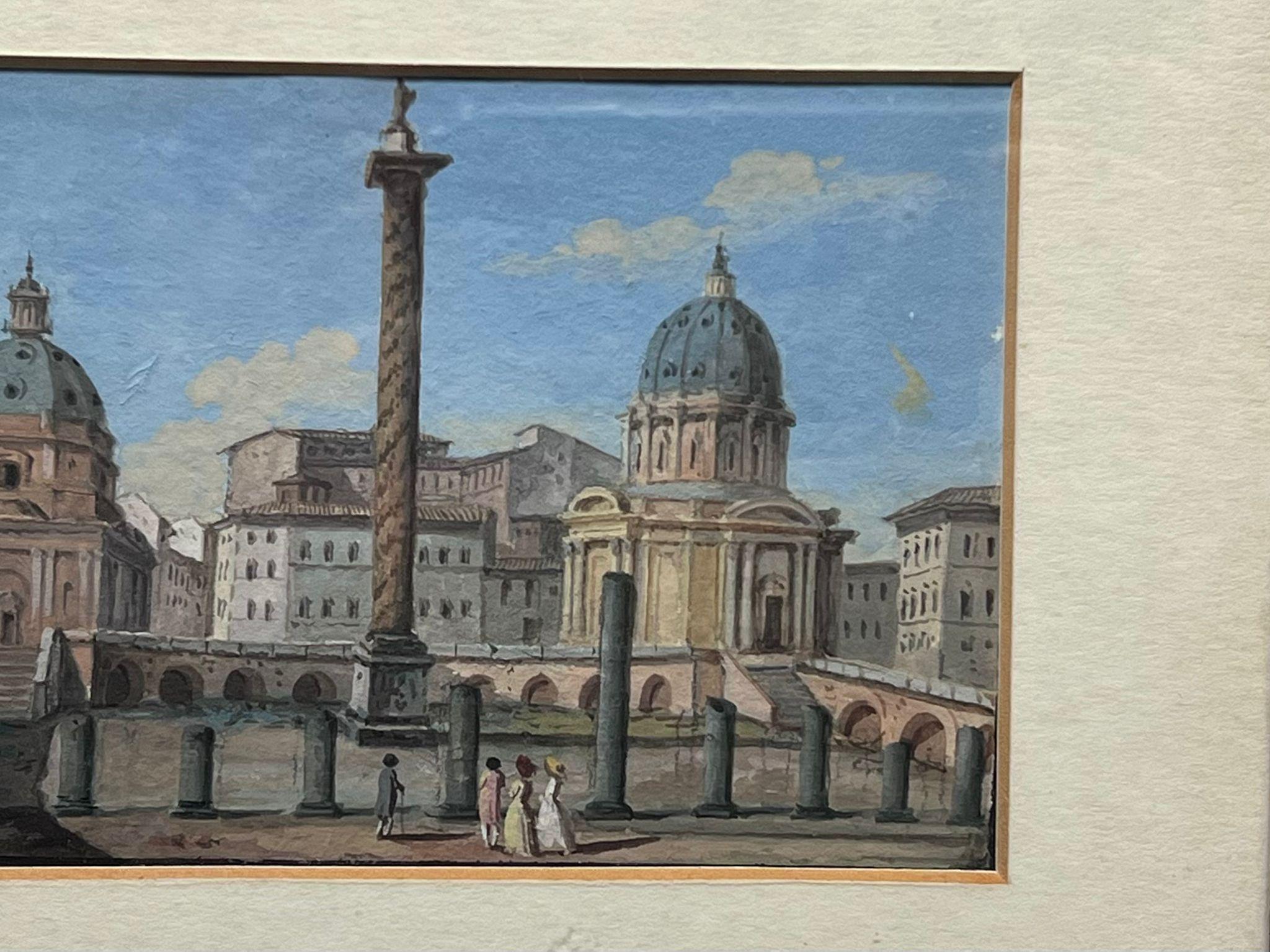 Veduta della Colonna Traiana Roma Inizio Ottocento Grand Tour Gouache su carta - Landscape Painting Grigio di Italian