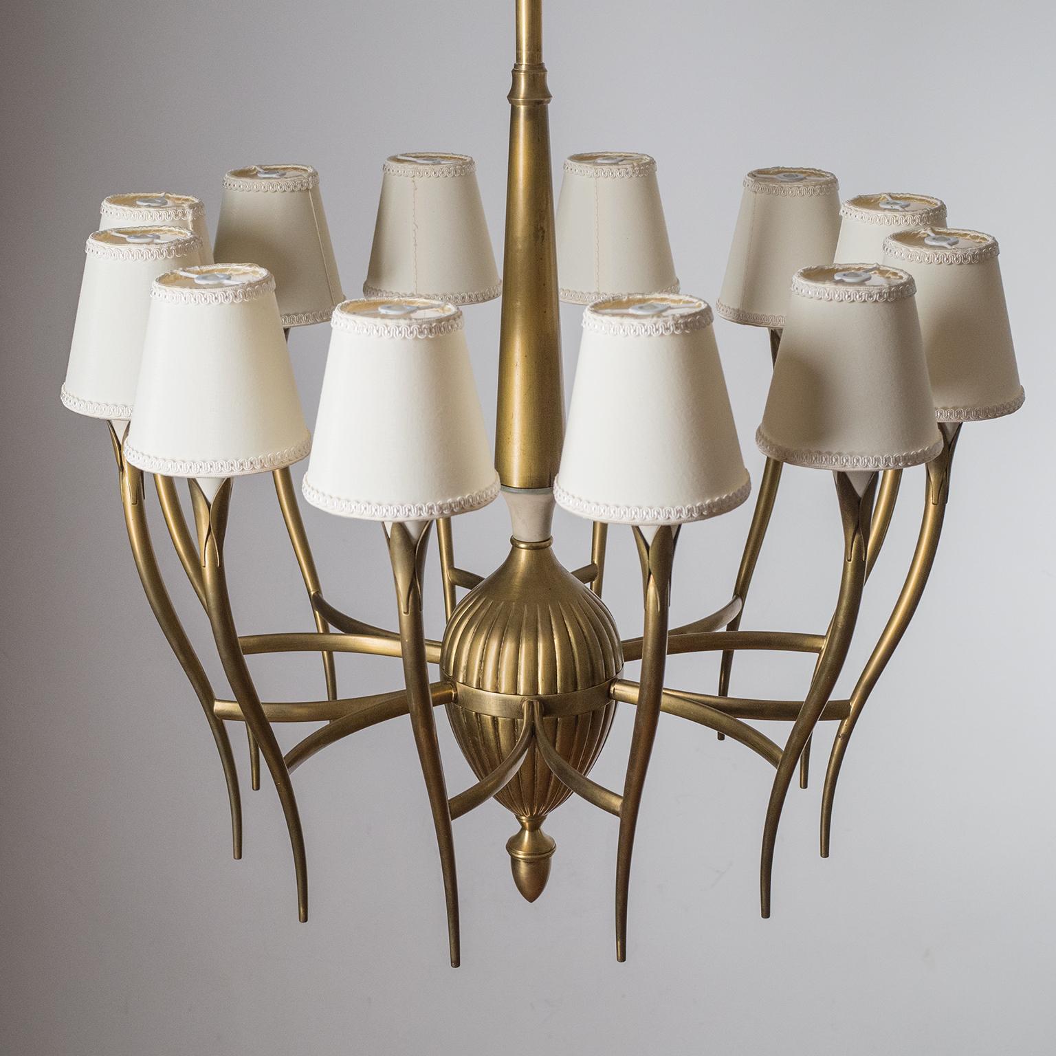 Italian 12-Arm Brass Chandelier, circa 1940 3