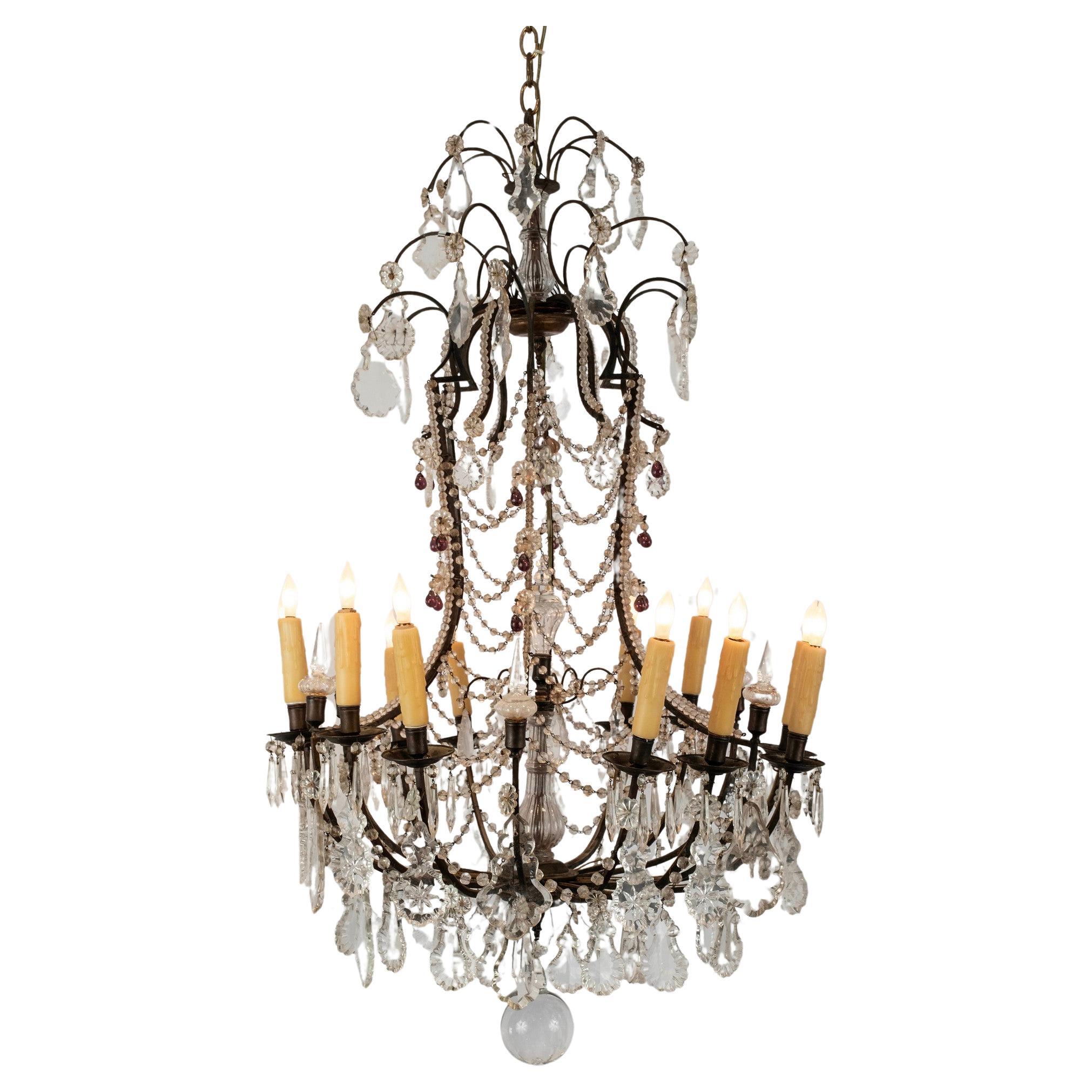 Lampadario italiano a 12 luci in cristallo, circa 1920 in vendita