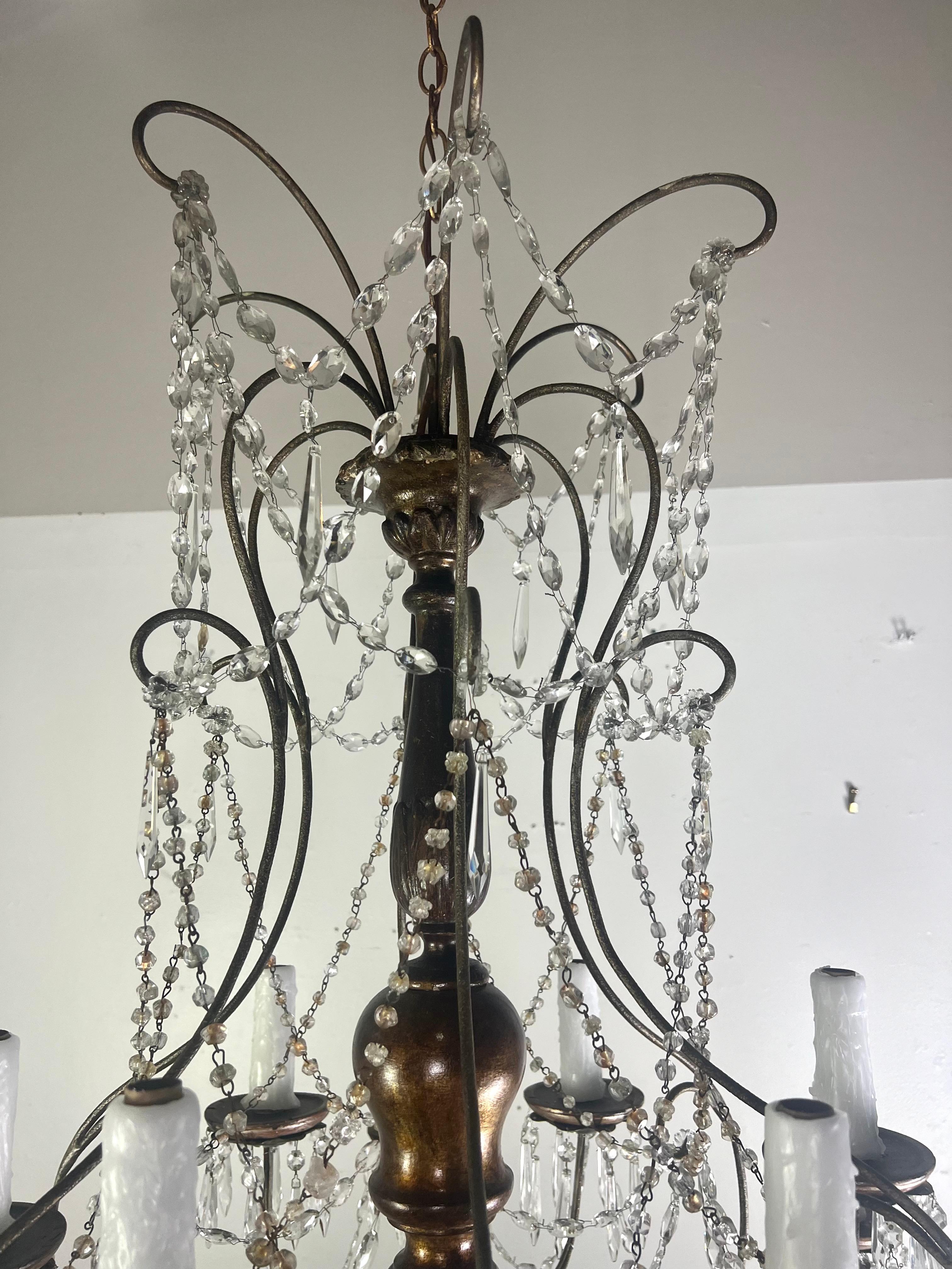 Italian (12) Light Gilt Wood & Crystal Chandelier C. 1930 In Good Condition For Sale In Los Angeles, CA