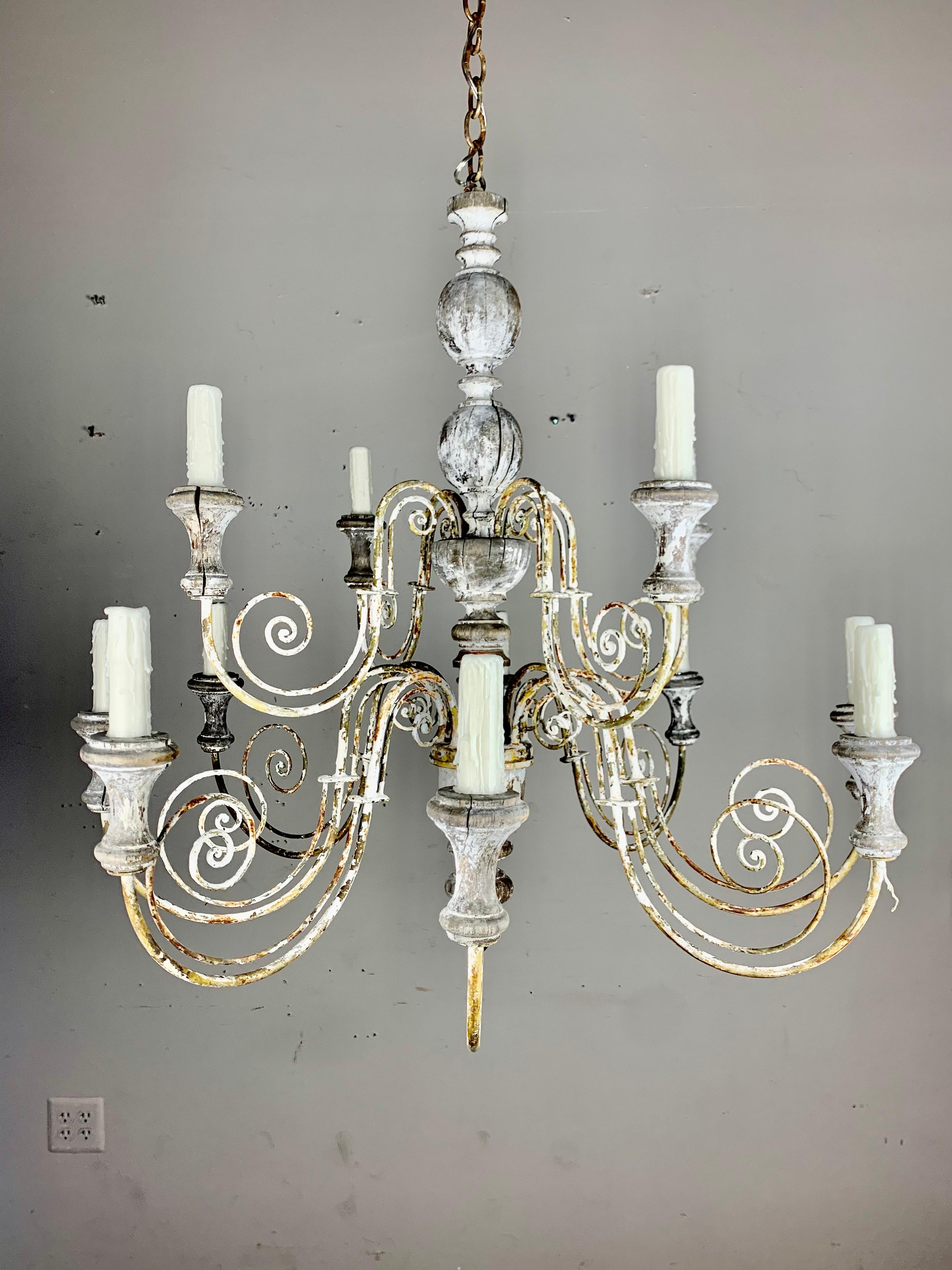 Italian (12) Light Painted Wood & Scrolled Iron Chandelier, C. 1930's 9