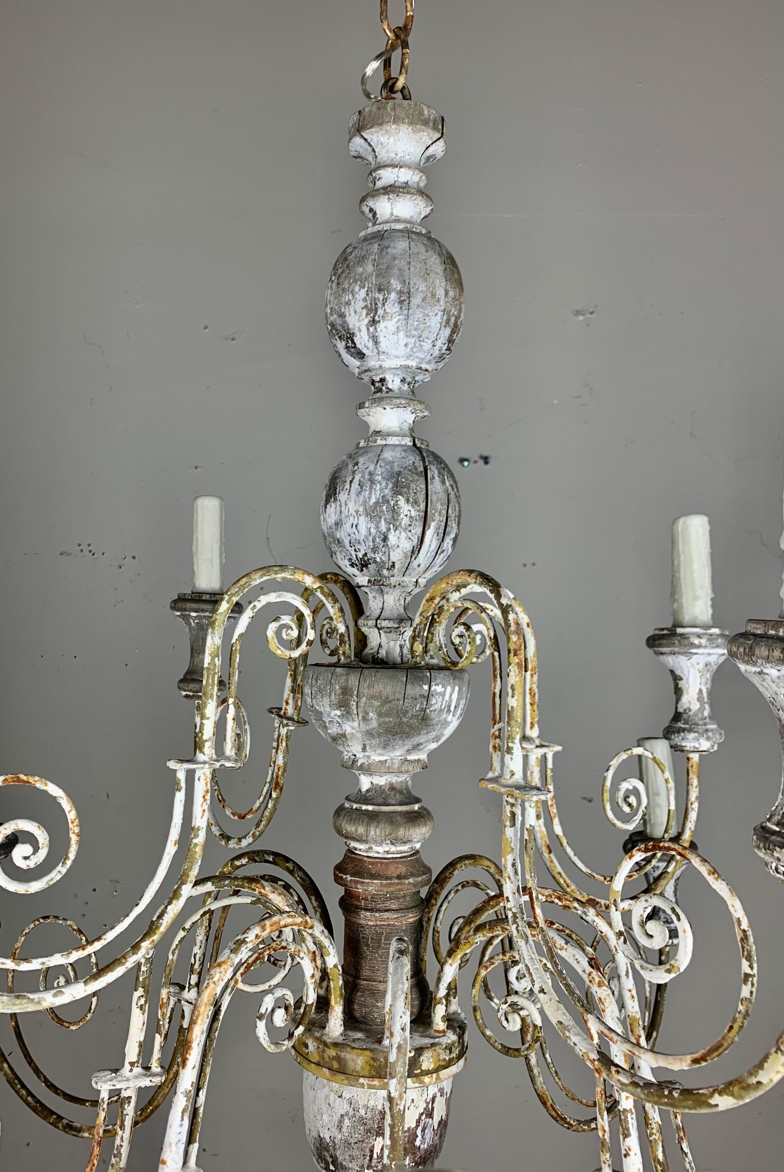 Rococo Italian (12) Light Painted Wood & Scrolled Iron Chandelier, C. 1930's