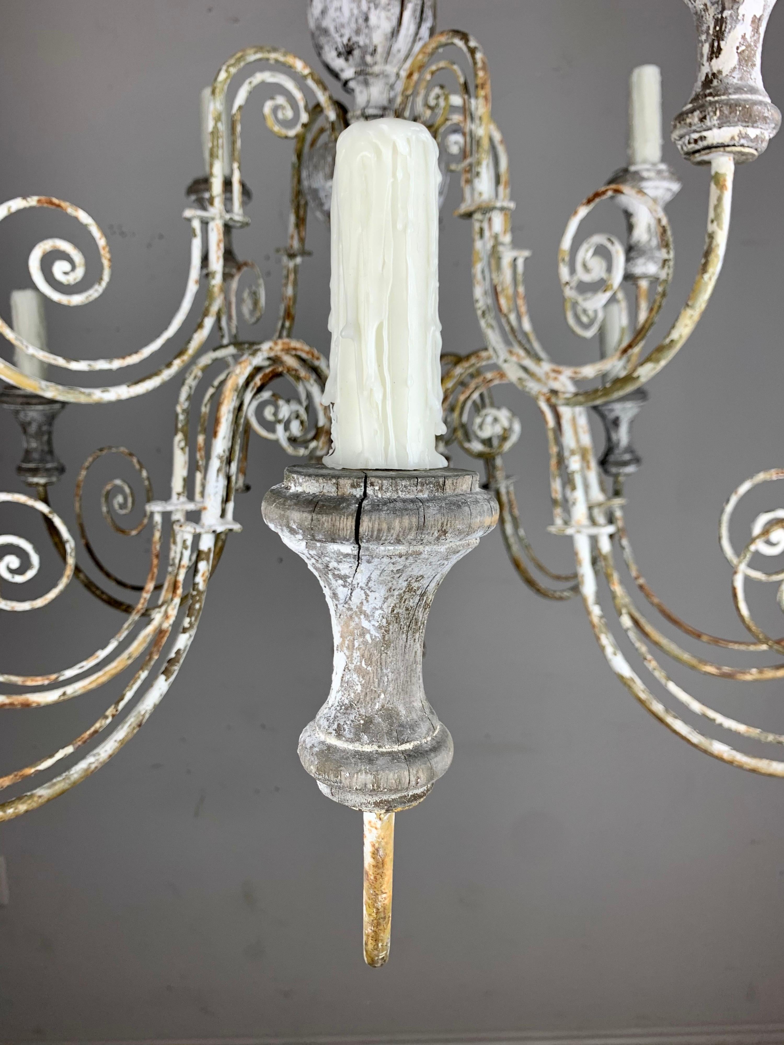 Italian (12) Light Painted Wood & Scrolled Iron Chandelier, C. 1930's In Distressed Condition In Los Angeles, CA