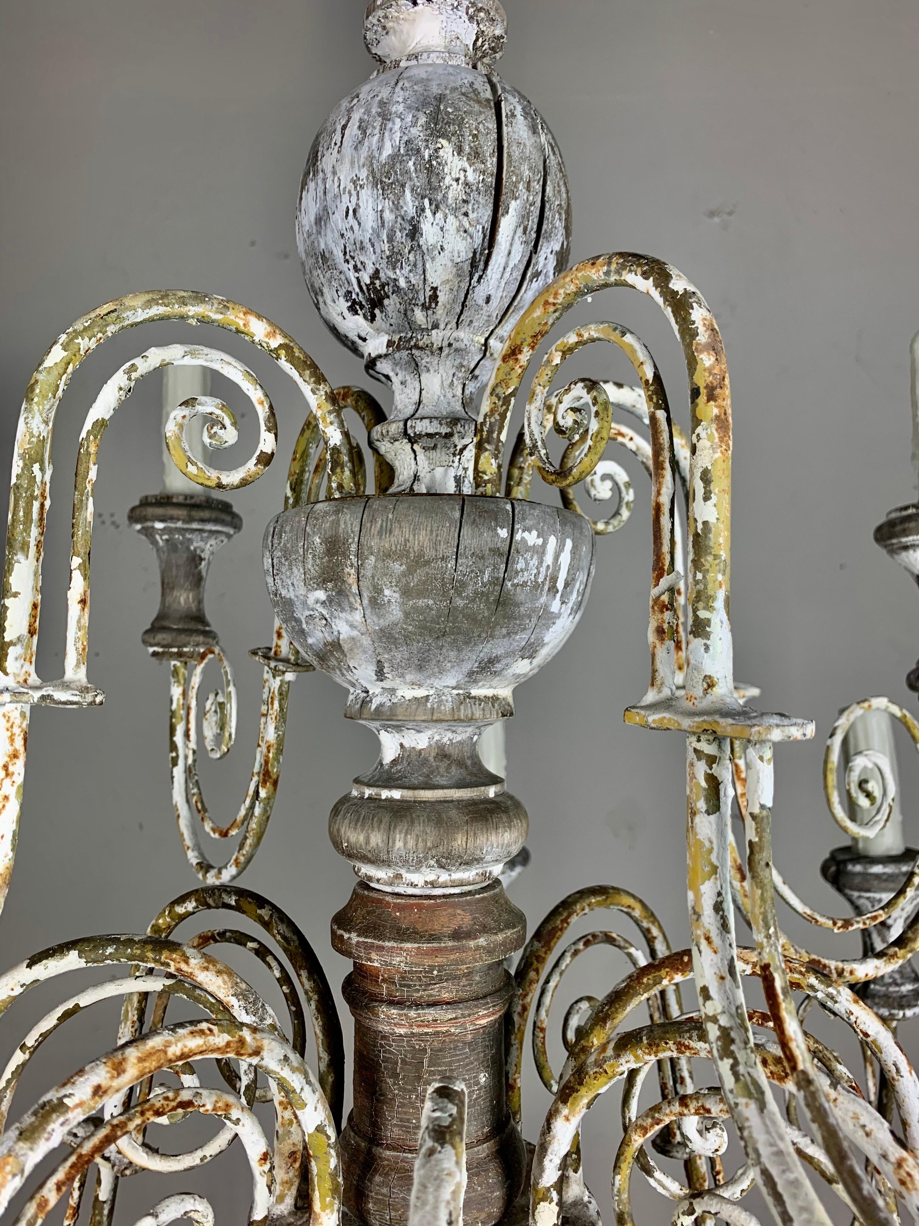 Wrought Iron Italian (12) Light Painted Wood & Scrolled Iron Chandelier, C. 1930's