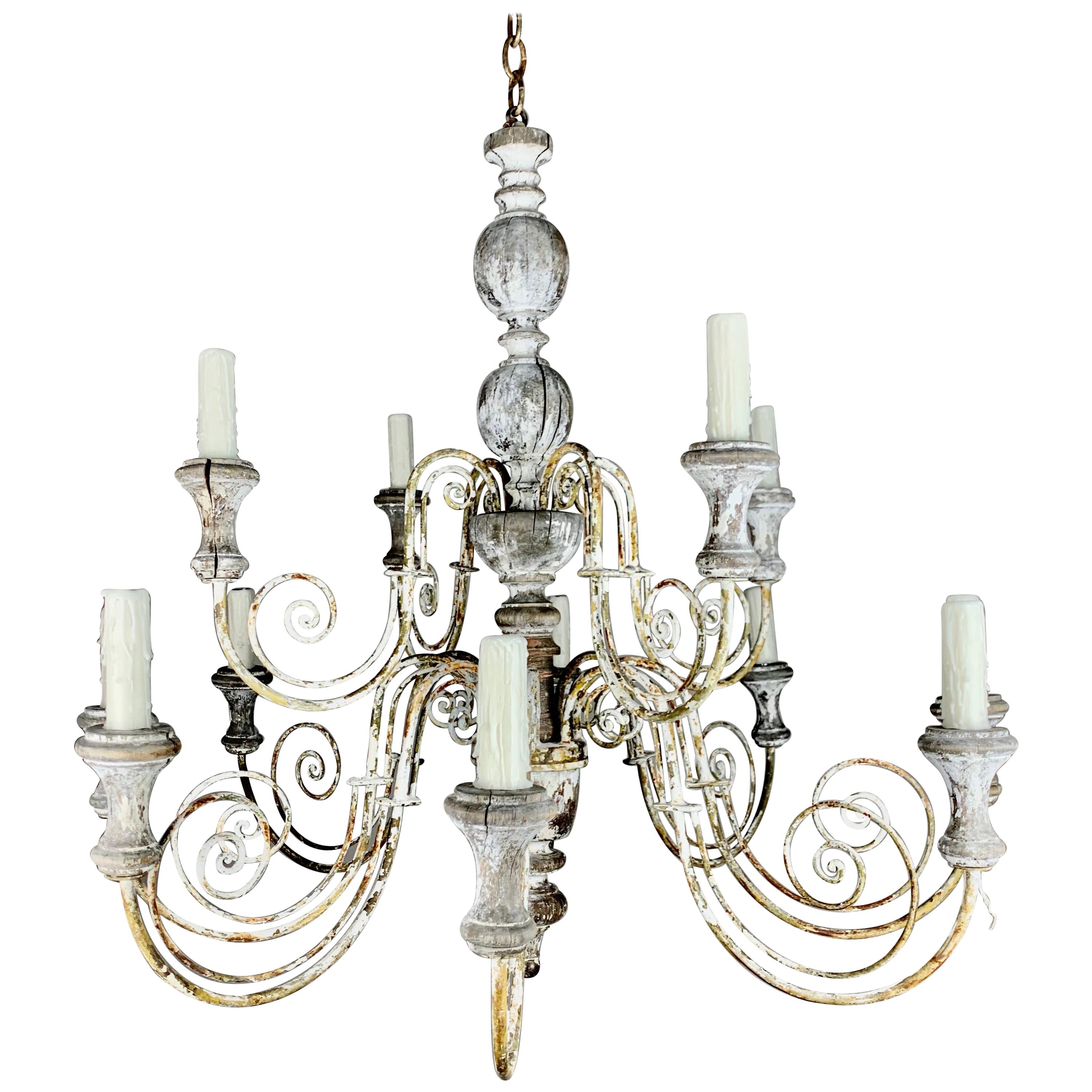 Italian (12) Light Painted Wood & Scrolled Iron Chandelier, C. 1930's