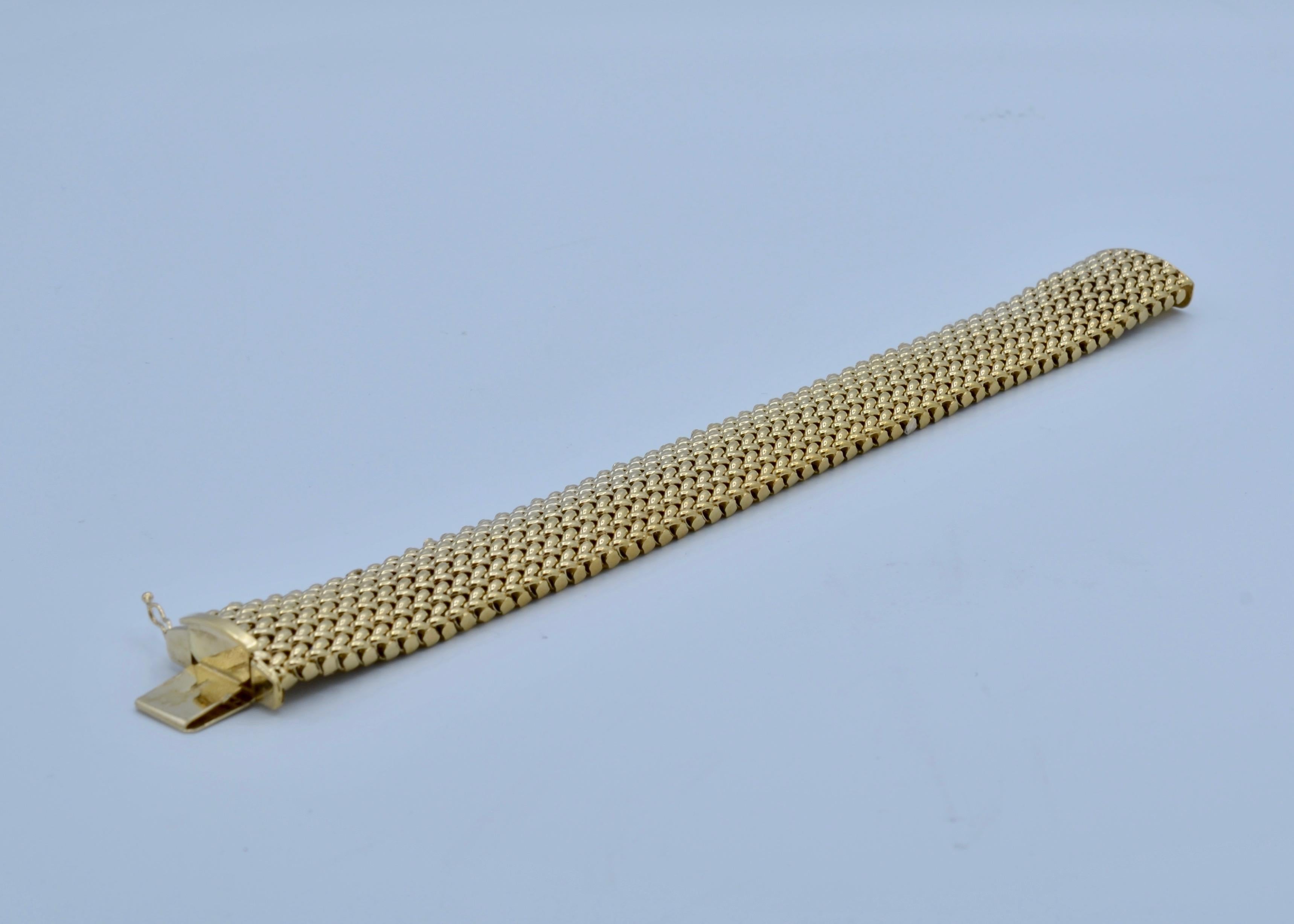 This stunning bracelet is a warm golden glow mesh woven together to create a flexible, comfortable and beautiful piece of jewelry. Wear it alone or stack with your favorite watch and other bracelets for a reminder of your Mom and Grandmother with