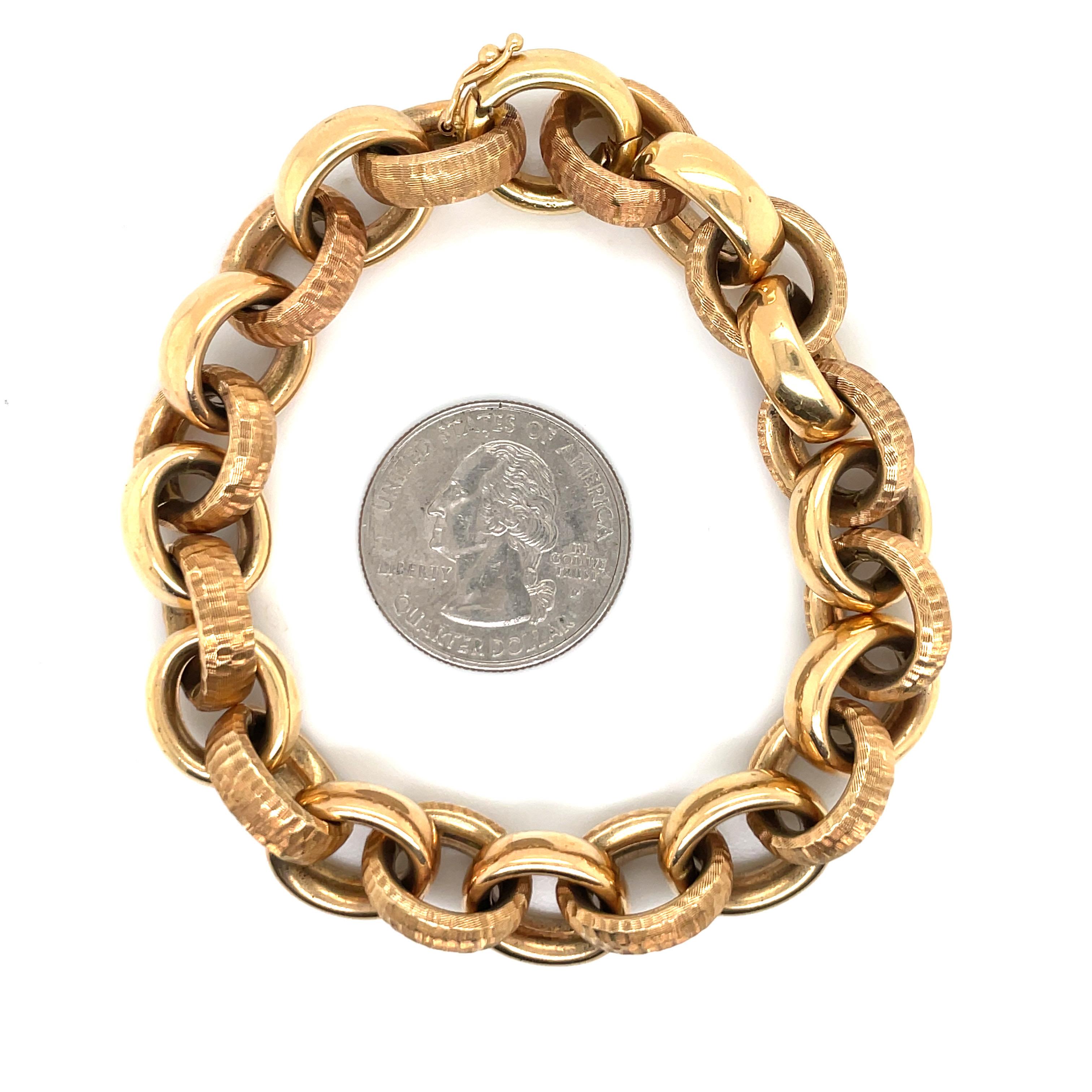 Italian 14 Karat Rose Gold Polished & Hammer Finished Link Bracelet 36.6 Grams  In Excellent Condition For Sale In New York, NY