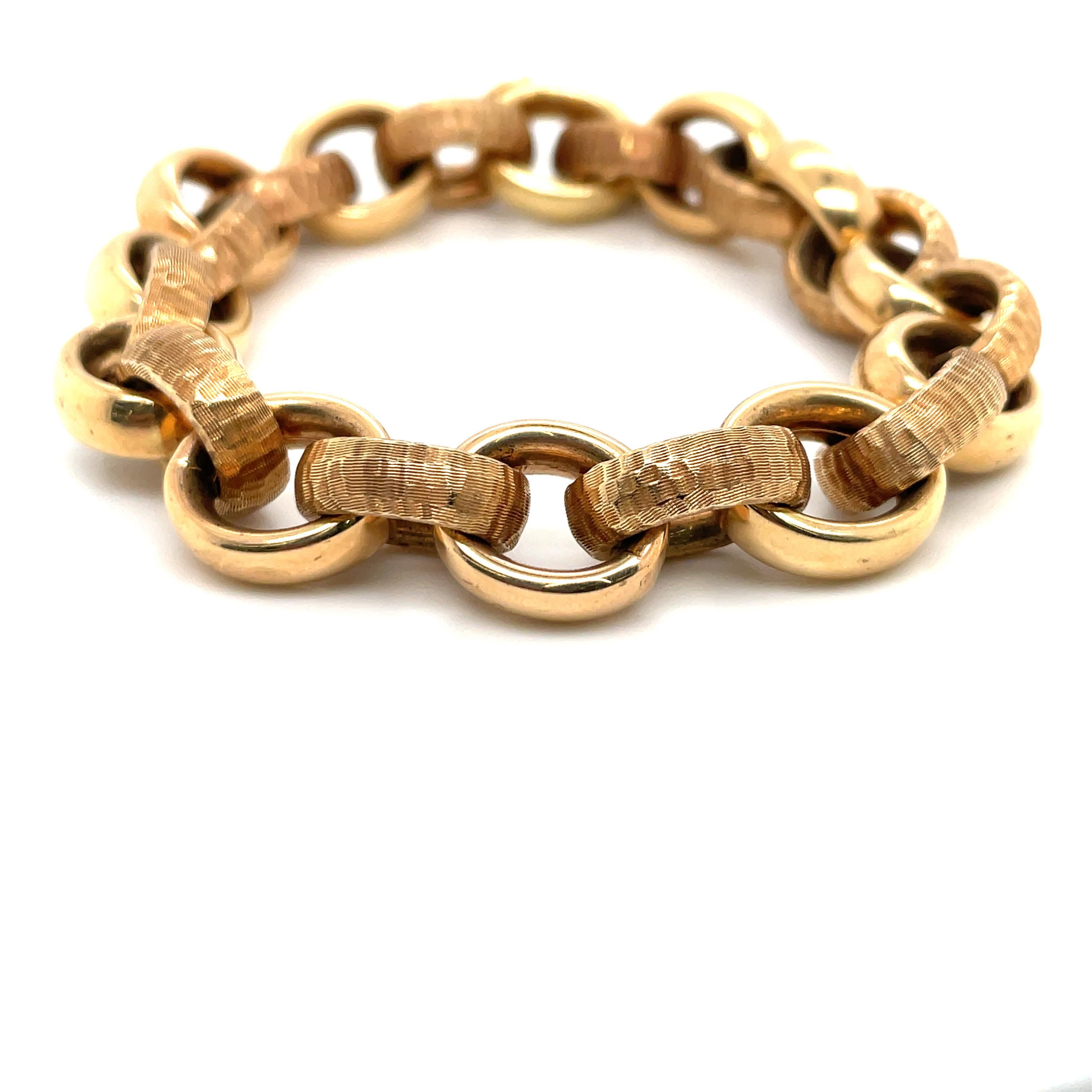 Women's Italian 14 Karat Rose Gold Polished & Hammer Finished Link Bracelet 36.6 Grams  For Sale