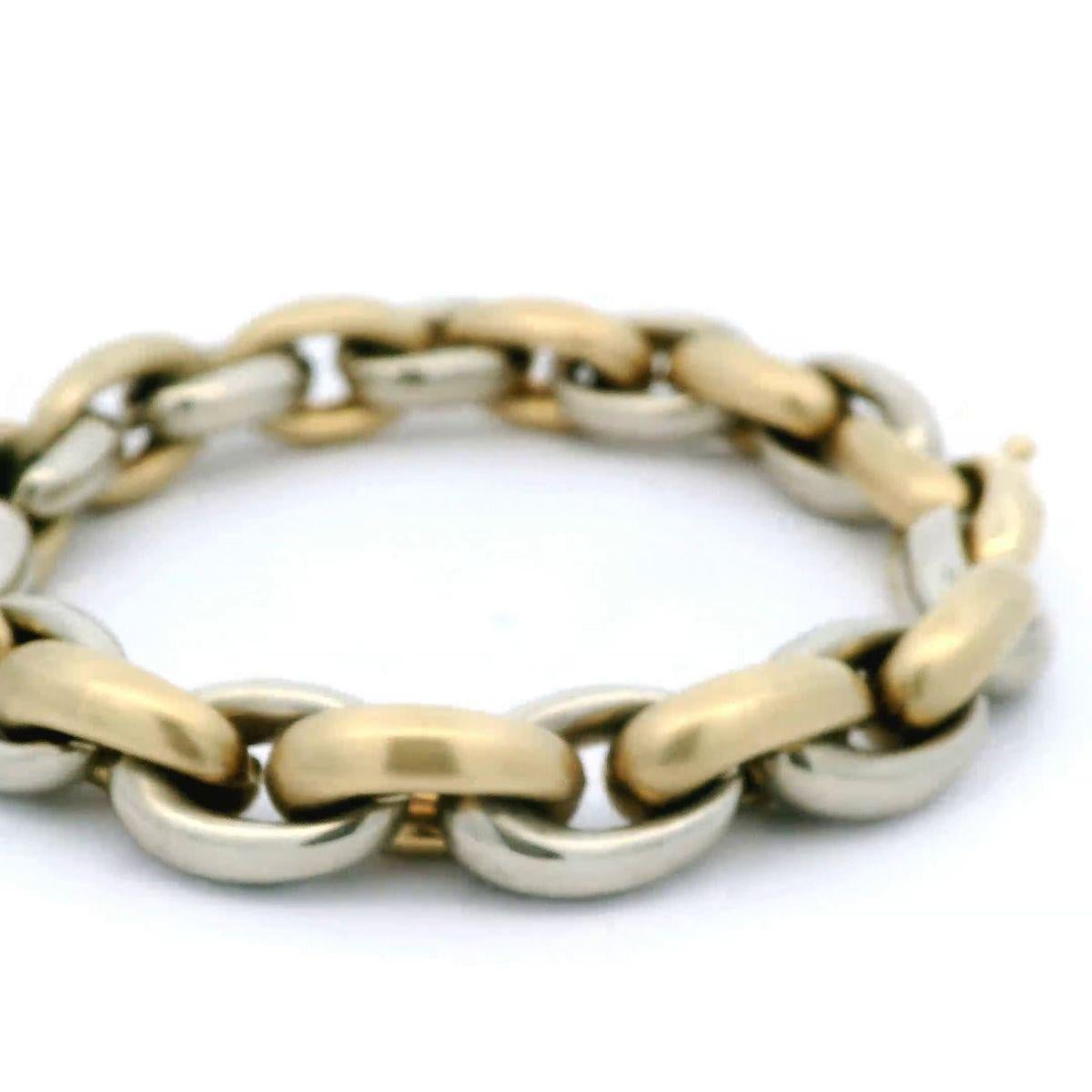 Italian 14 Karat Two-Tone Yellow and White Gold Chunky Oval Link Bracelet   In Good Condition For Sale In Newton, MA