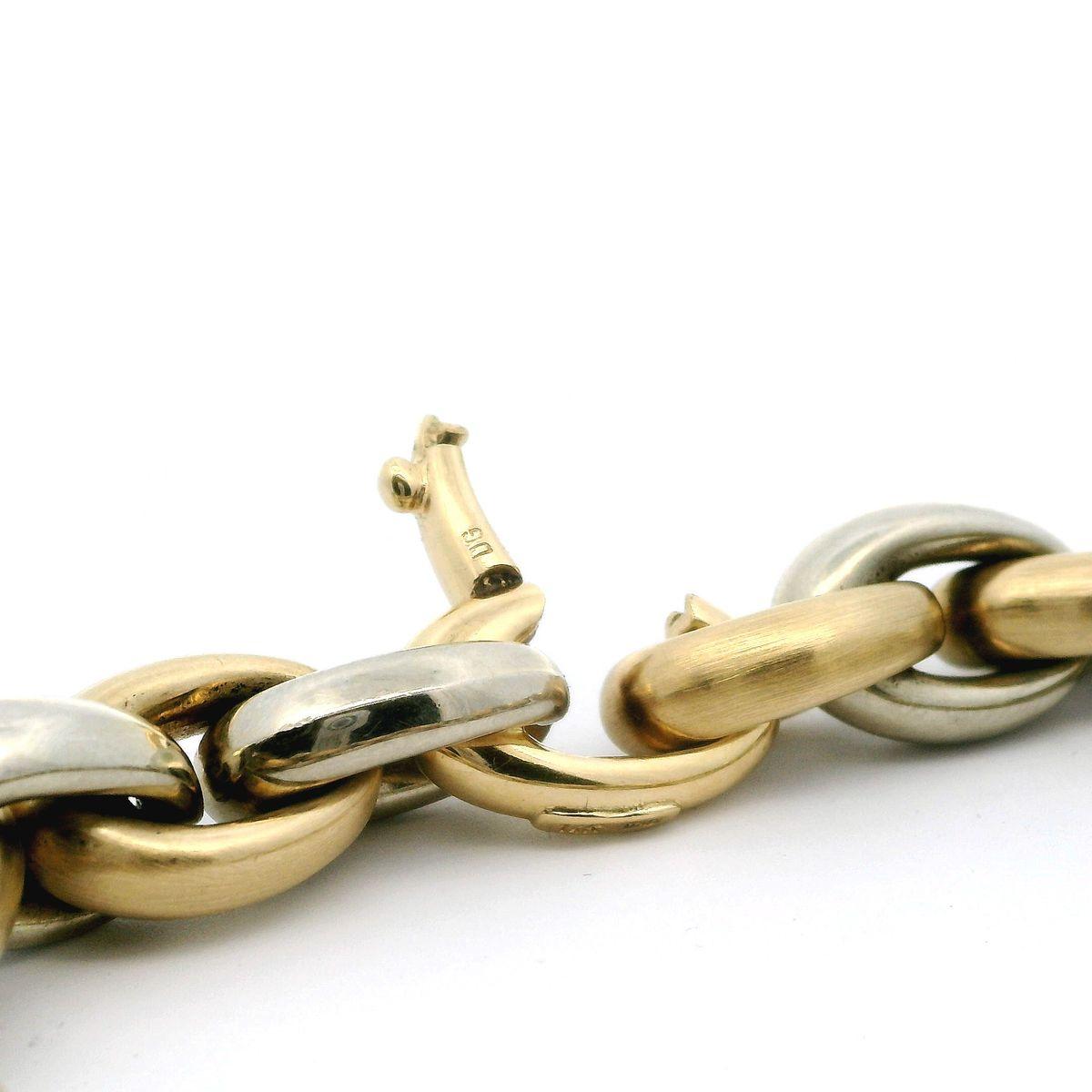 Italian 14 Karat Two-Tone Yellow and White Gold Chunky Oval Link Bracelet   For Sale 1