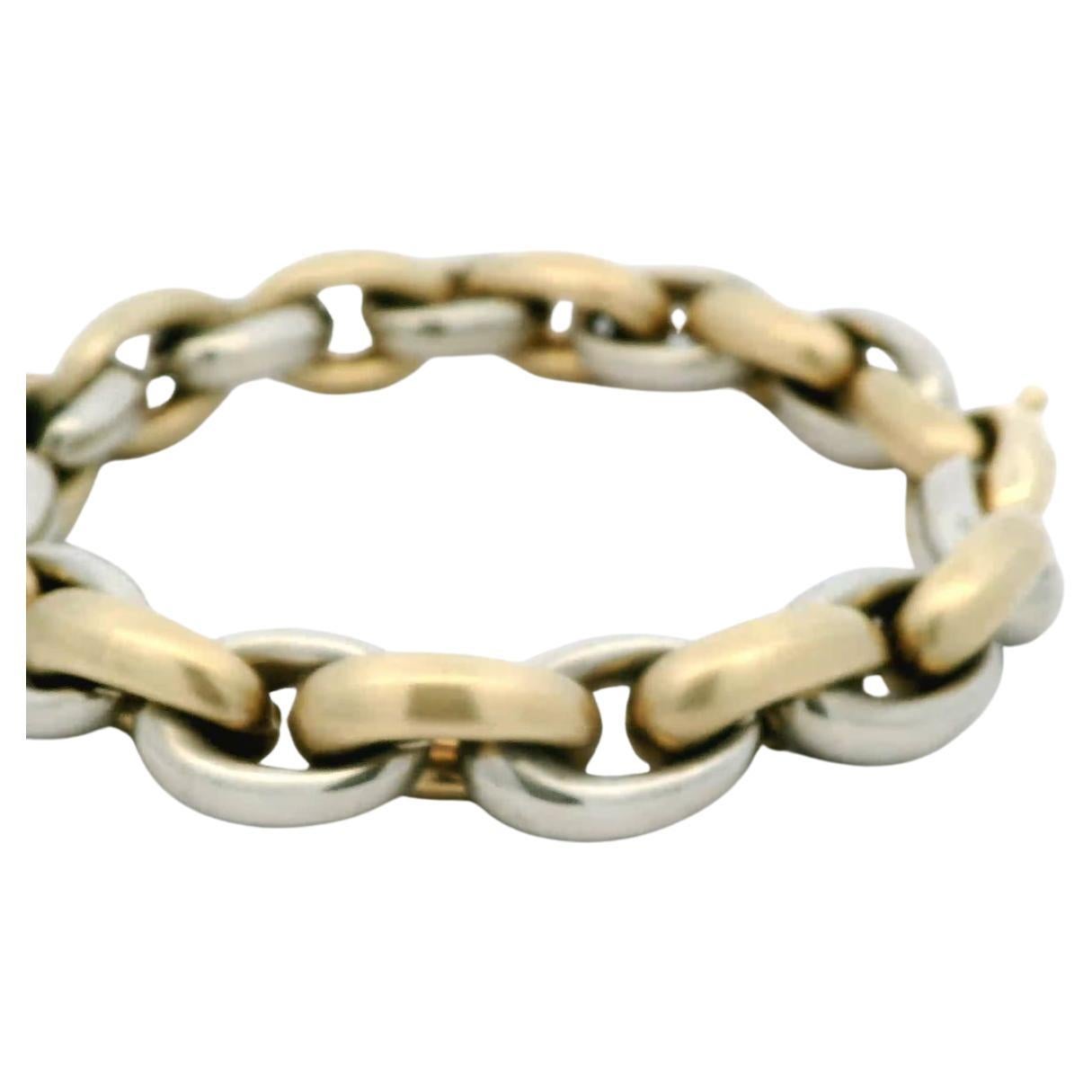 Modern Italian 14 Karat Two-Tone Yellow and White Gold Chunky Oval Link Bracelet   For Sale