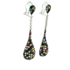 Italian 14 Karat White Gold Diamond and Multicolor Sapphire Pavé Drop Earrings