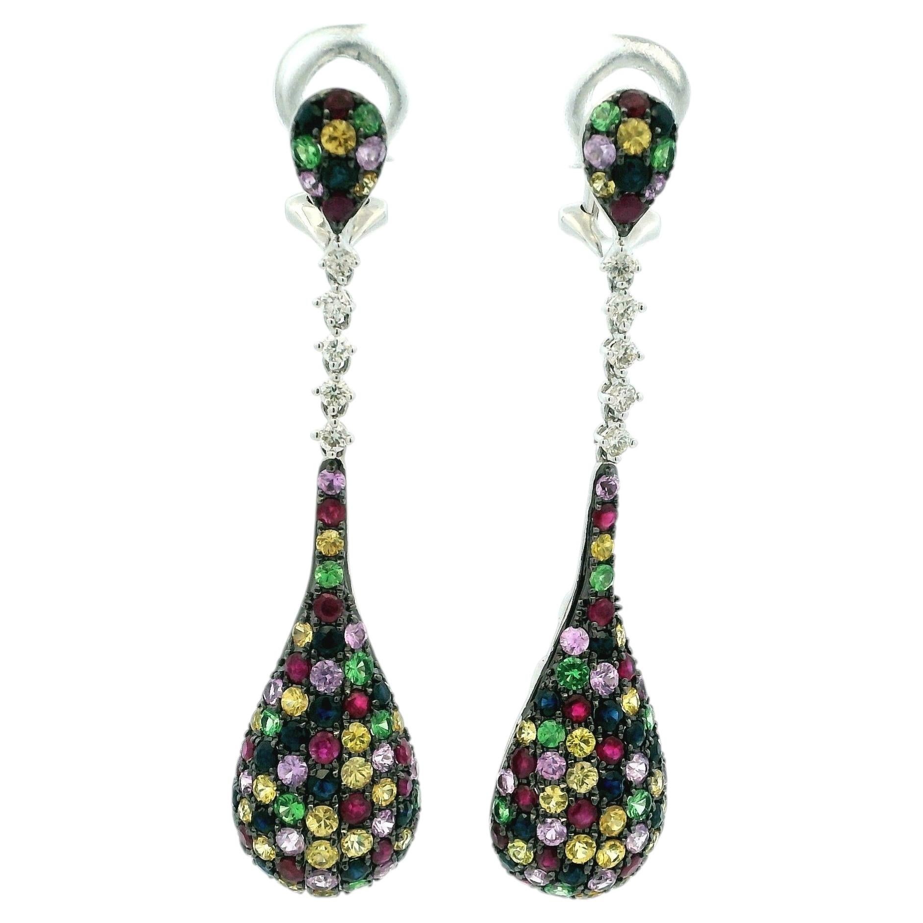 Italian 14 Karat White Gold Diamond and Multicolor Sapphire Pavé Drop Earrings For Sale