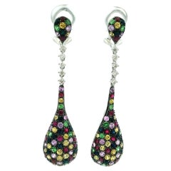 Italian 14 Karat White Gold Diamond and Multicolor Sapphire Pavé Drop Earrings