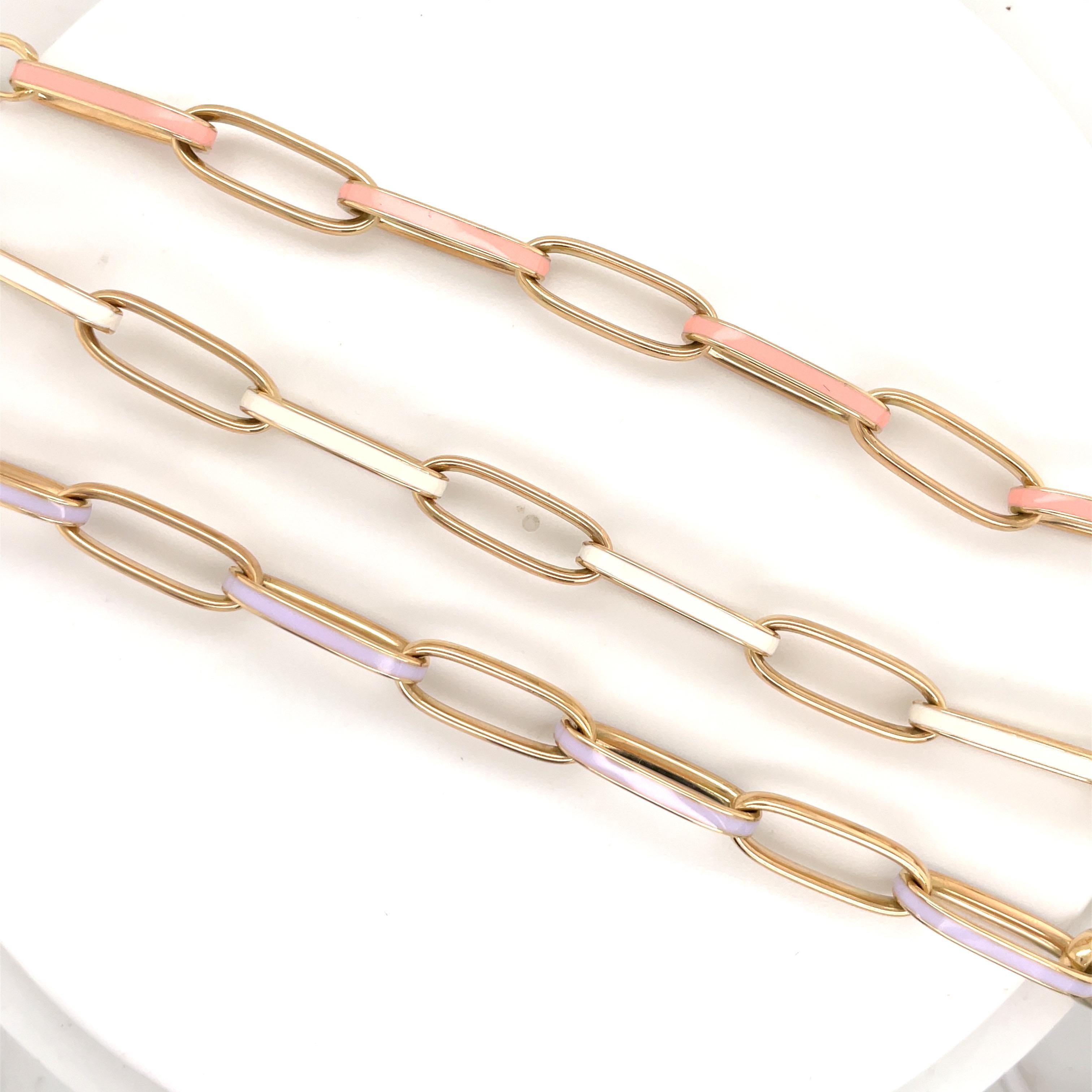 14 Karat Yellow Gold link bracelet featuring alternating enamel & gold links weighing 8.07 grams.
Available in Salmon, White & Purple.
Price shown is for individual bracelet.
DM for additional colors. 
More colors to come!