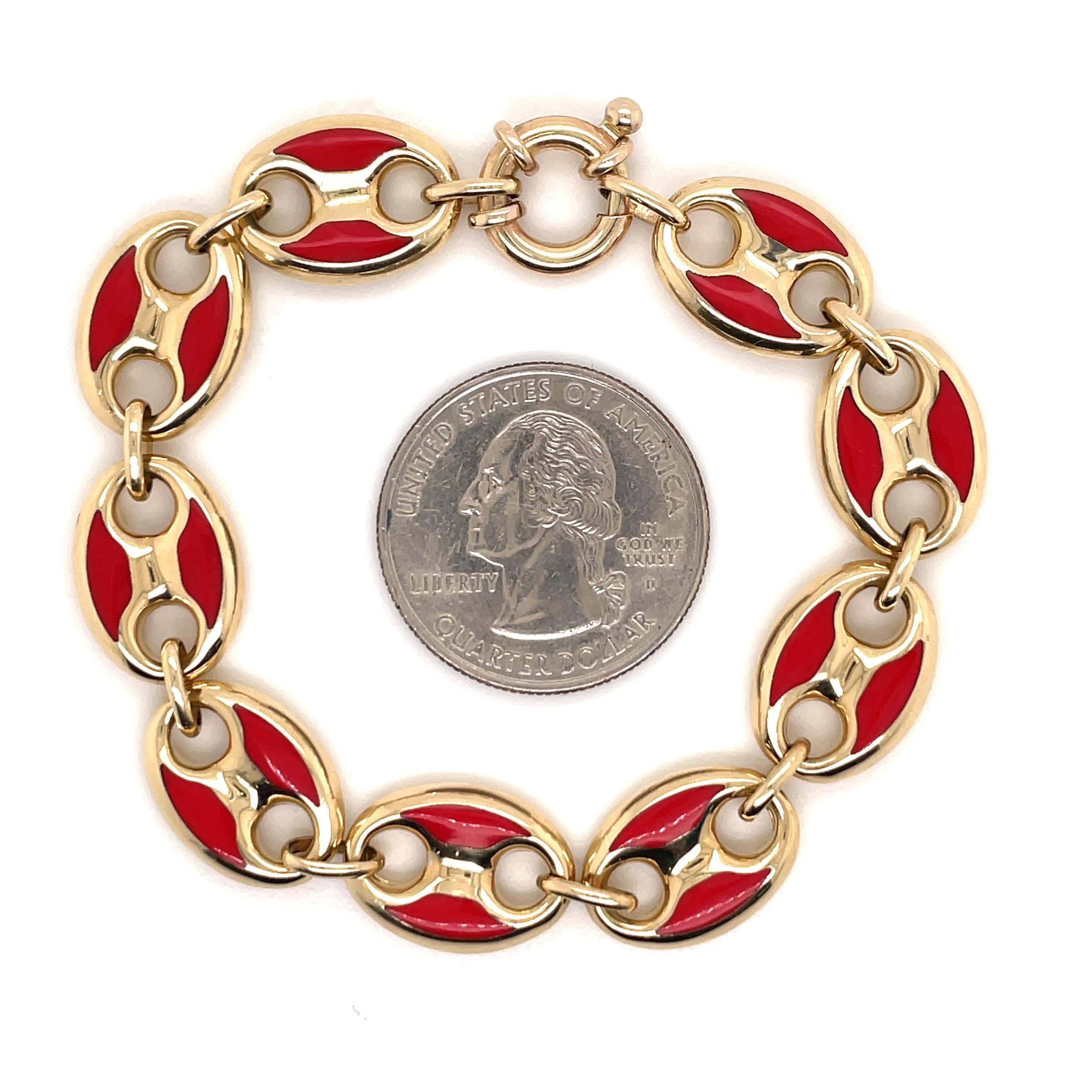 Made in Italy, this mariner link bracelet features 9 red links over 14 karat yellow gold.
Very Chic & great for stacking.
Available in Green, Black, Tiger Eye, Pink, & Blue.
Available in single links on gold chain or leather cord.
Email for more