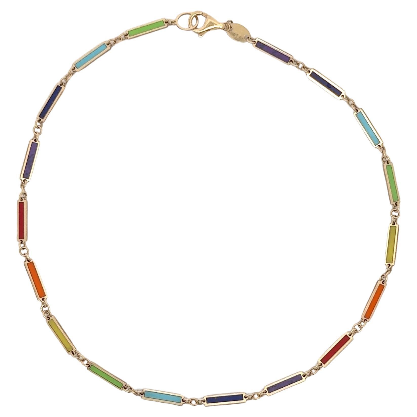 Italian 14 Karat Yellow Gold Multi Color Enamel Bar Anklet Bracelet 2.7 Grams For Sale