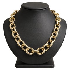 Italian 14k Gold 20" Puffed Open Oval Link Chain Necklace Large Spring Clasp