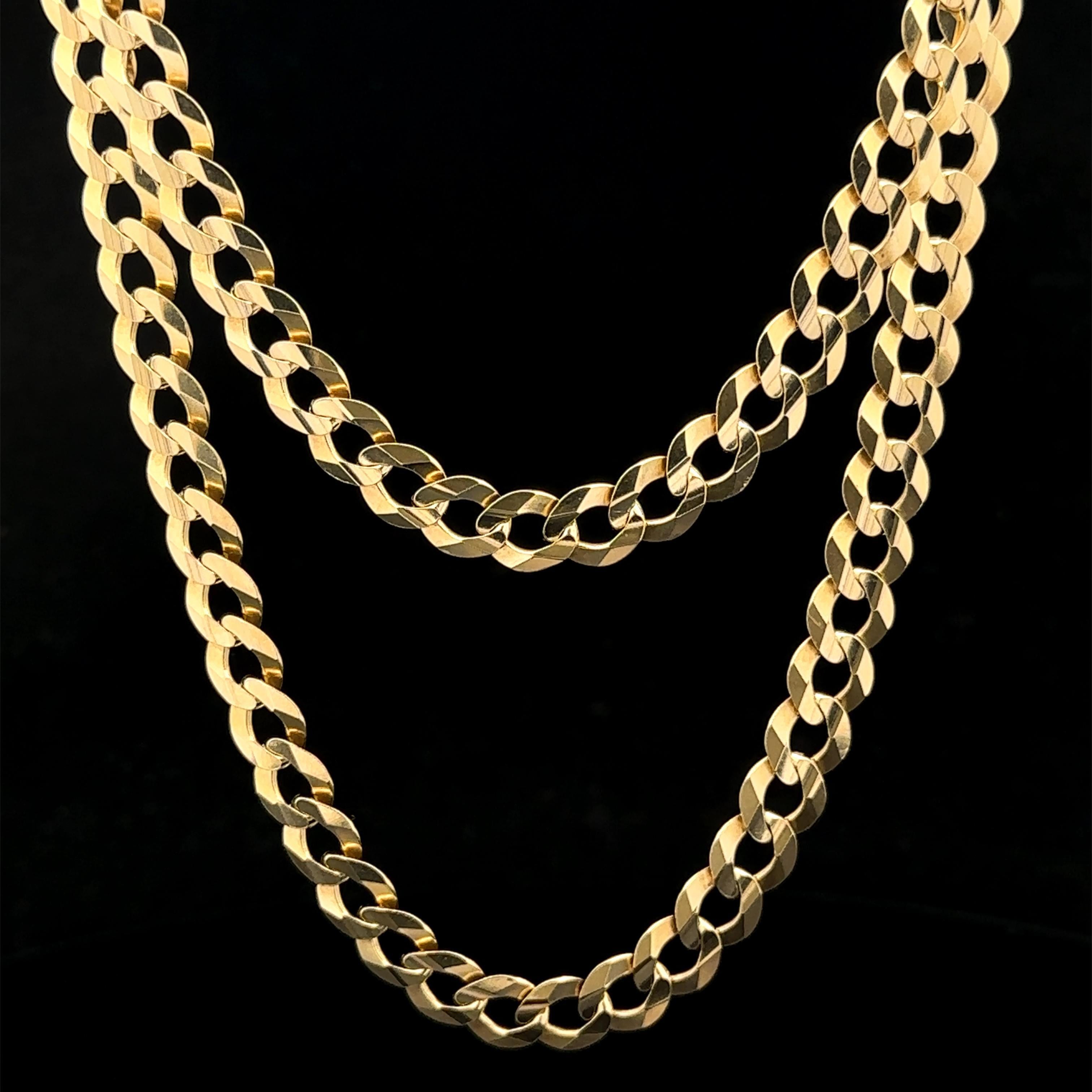 MATERIAL: Massives 14k Gelbgold 
Gewicht: 29,50 Gramm
Kettentyp: Kubanisches Curb Link
Kettenlänge: 24 Zoll
Breite der Kette: 7.1 mm (ca.)
Verschluss: Hummerklaue
Dicke: 1.3mm
Dicke und Breite der Endschlaufe: 2,8 mm und 5,5 mm (ca.)
Zustand: