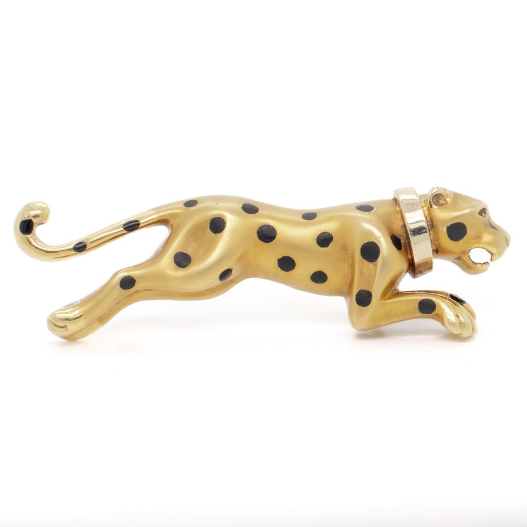 Modern Italian 14k Gold & Black Enamel Leopard or Panther Brooch For Sale