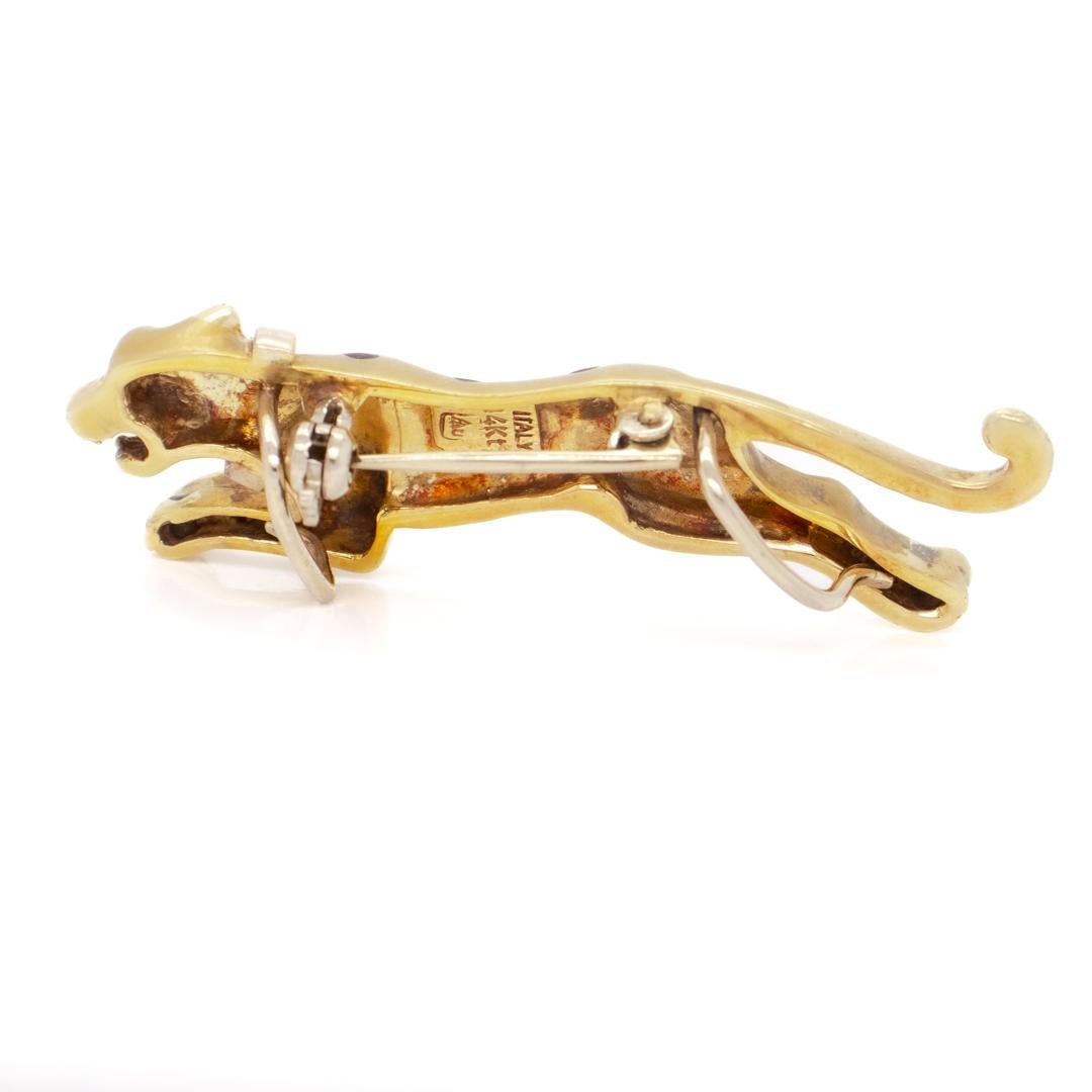 Italian 14k Gold & Black Enamel Leopard or Panther Brooch In Good Condition In Philadelphia, PA