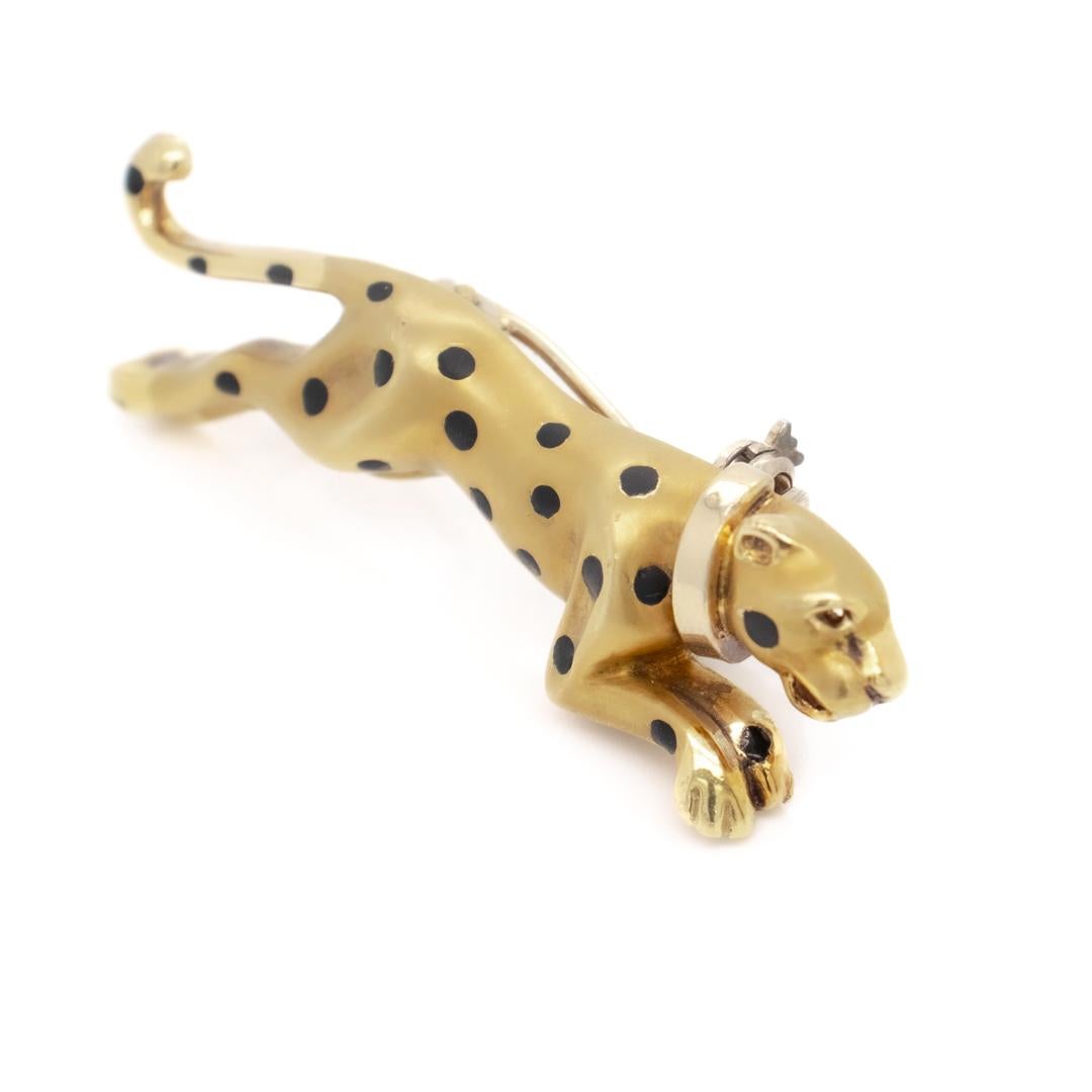 Italian 14k Gold & Black Enamel Leopard or Panther Brooch For Sale 1