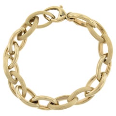 Italian 14K Gold Brushed & Polished Finish Open Marquise Shape Link Bracelet