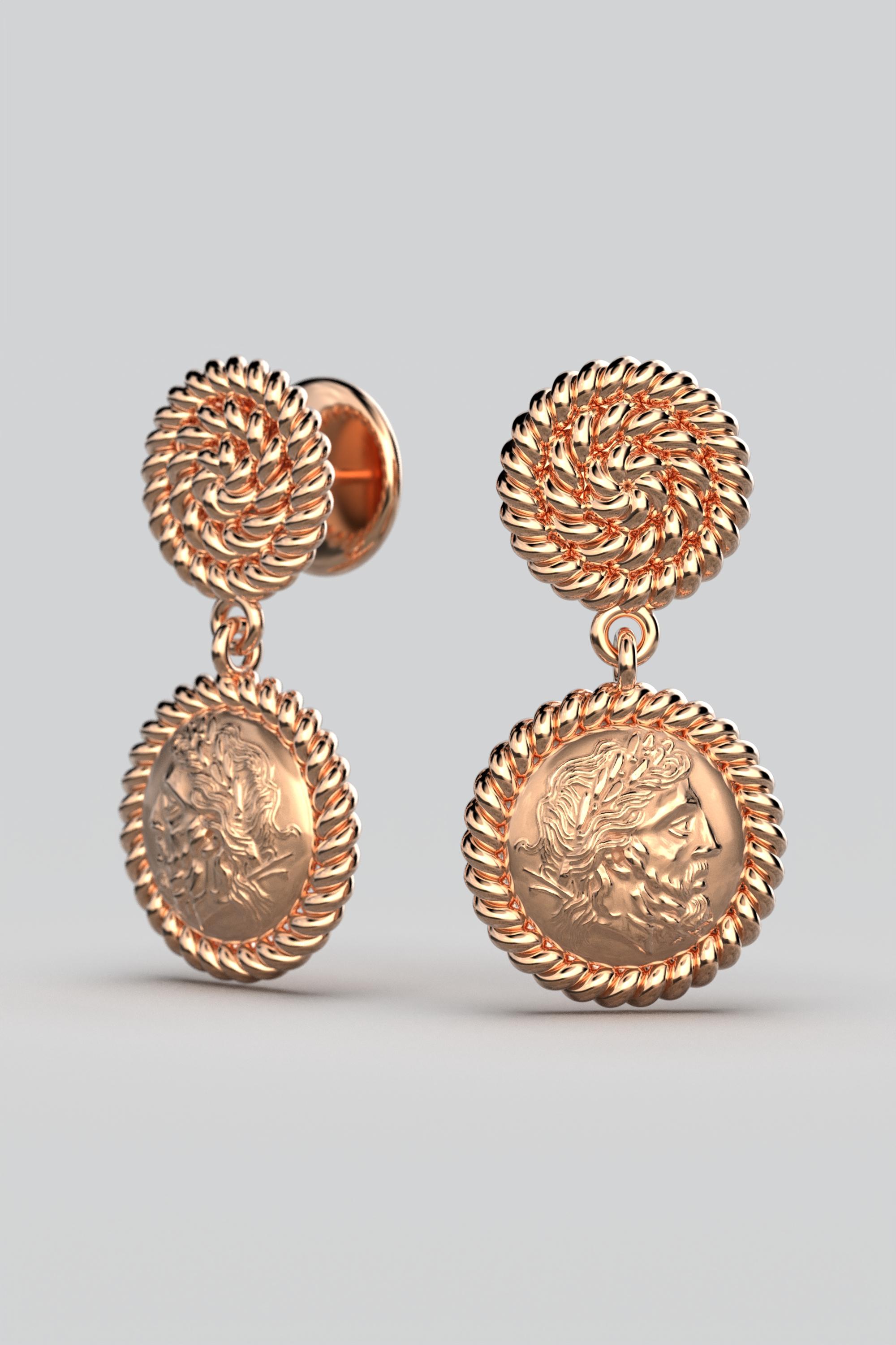 Italian 14k Gold Dangle Earrings in Ancient Greek Style, Zeus Coin Earrings For Sale 2