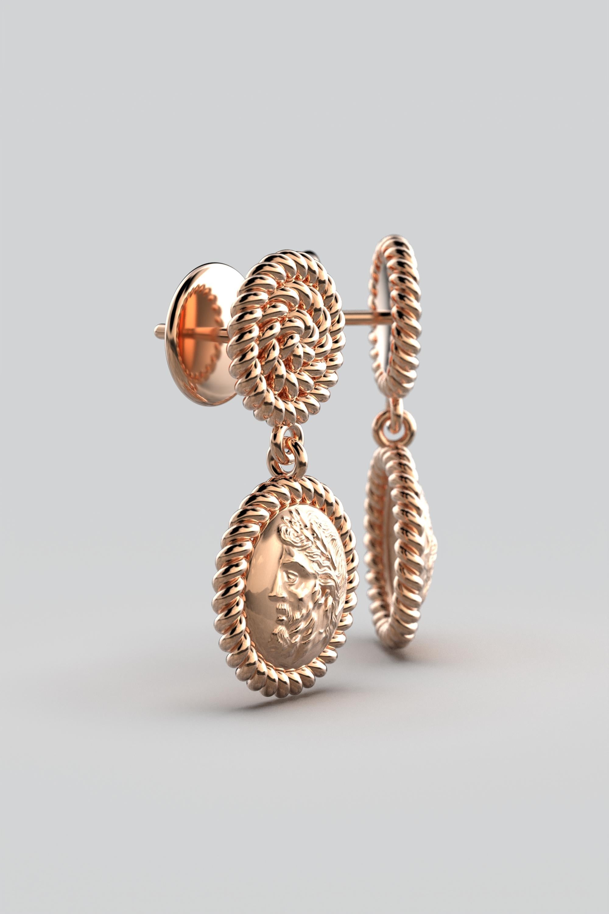 Italian 14k Gold Dangle Earrings in Ancient Greek Style, Zeus Coin Earrings For Sale 3